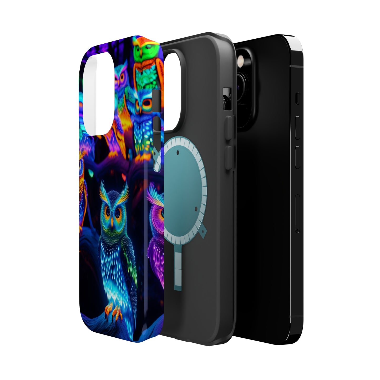 Glowing Neon Clan. Neon Owls Premium Art Magsafe Magnet Tough IPhone 13 14 15 Pro Plus Max and Mini in Matte and Glossy Phone cases