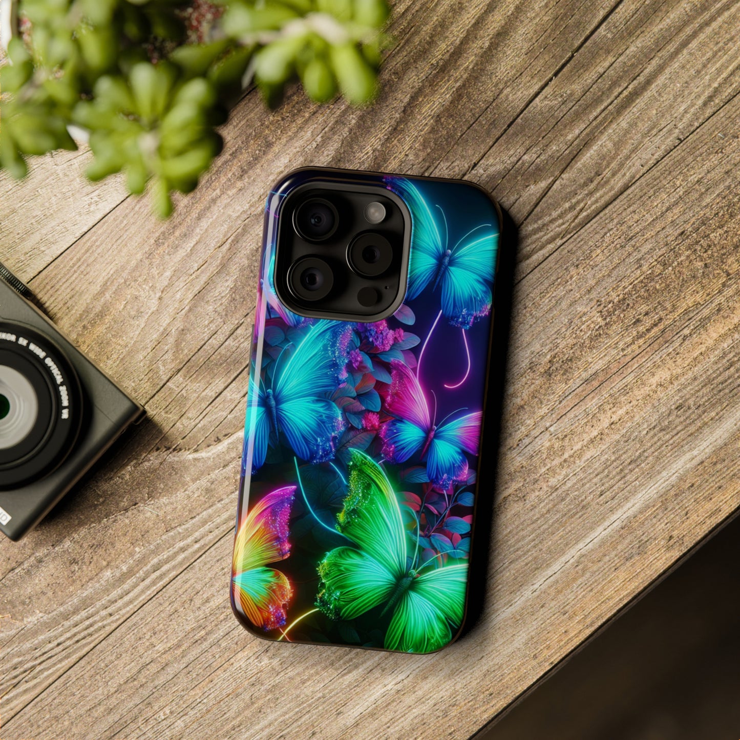 Neon Flutter Symphony Neon Butterflies Premium Art Magsafe Magnet Tough IPhone 13 14 15 Pro Plus Max and Mini in Matte and Glossy Phone cases