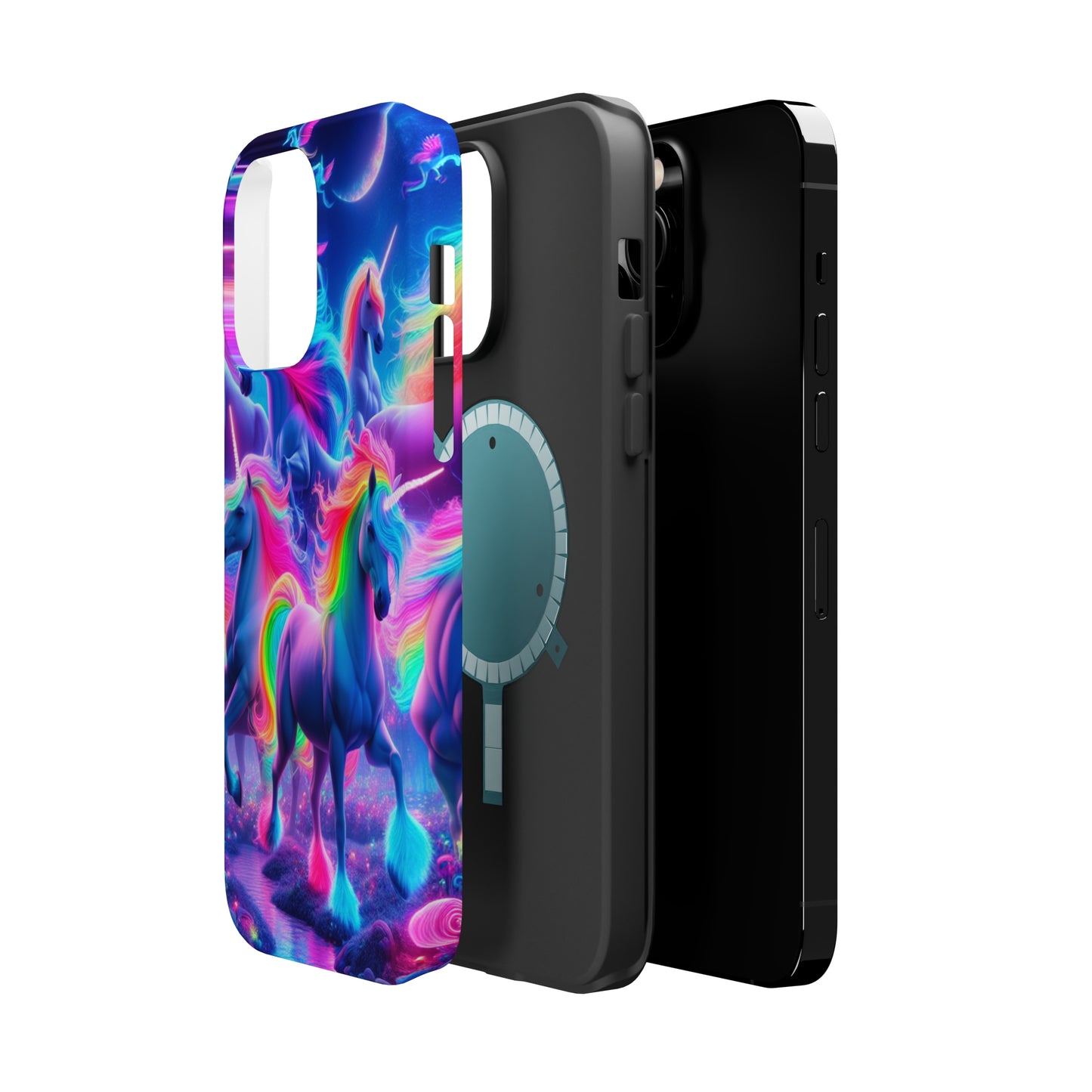"Unicorn Prism" Neon Unicorns Premium Art Magsafe Magnet Tough IPhone 13 14 15 Pro Plus Max and Mini in Matte and Glossy Phone cases