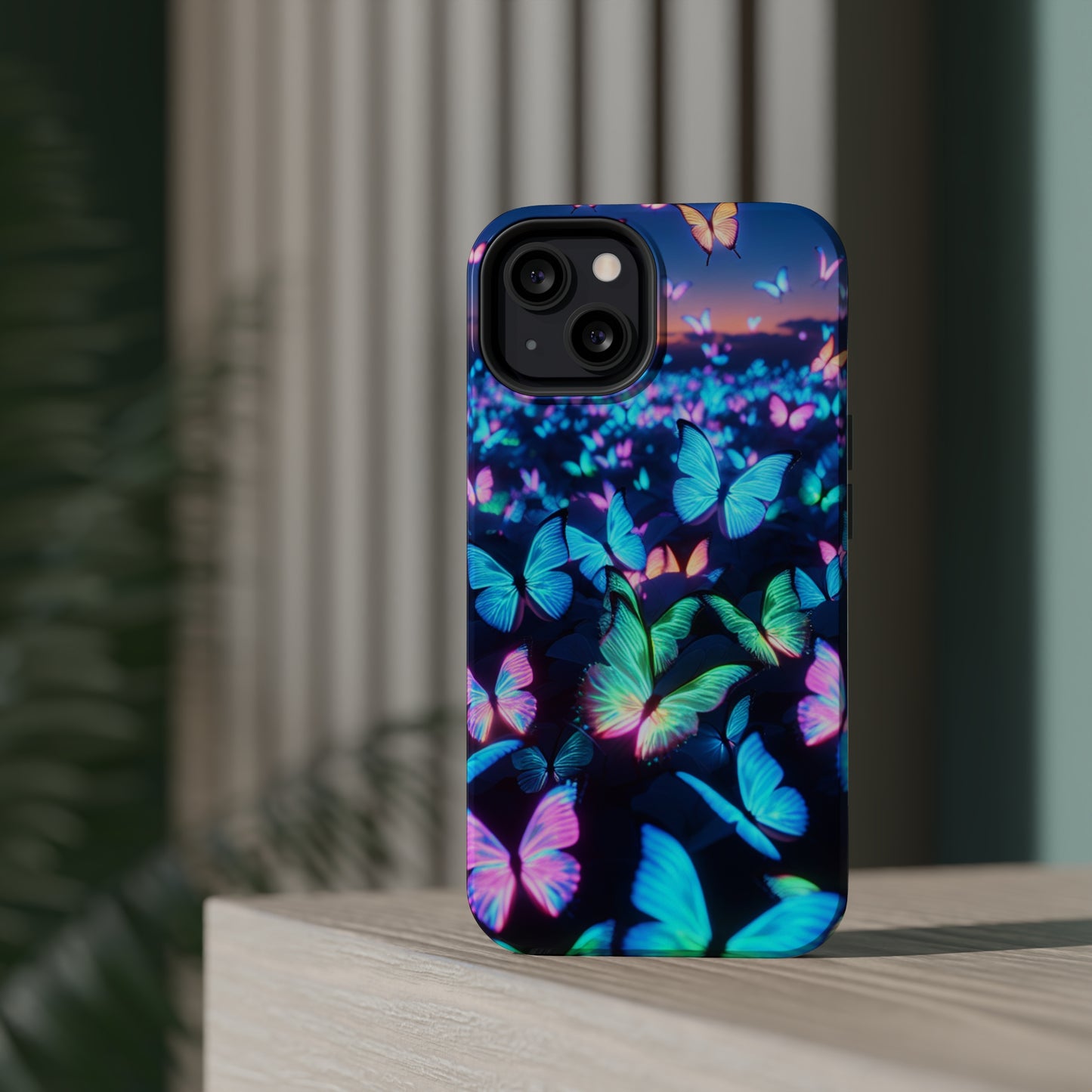 "Fantasia of Neon Butterflies" Neon Butterflies Premium Art Magsafe Magnet Tough IPhone 13 14 15 Pro Plus Max and Mini in Matte and Glossy Phone cases