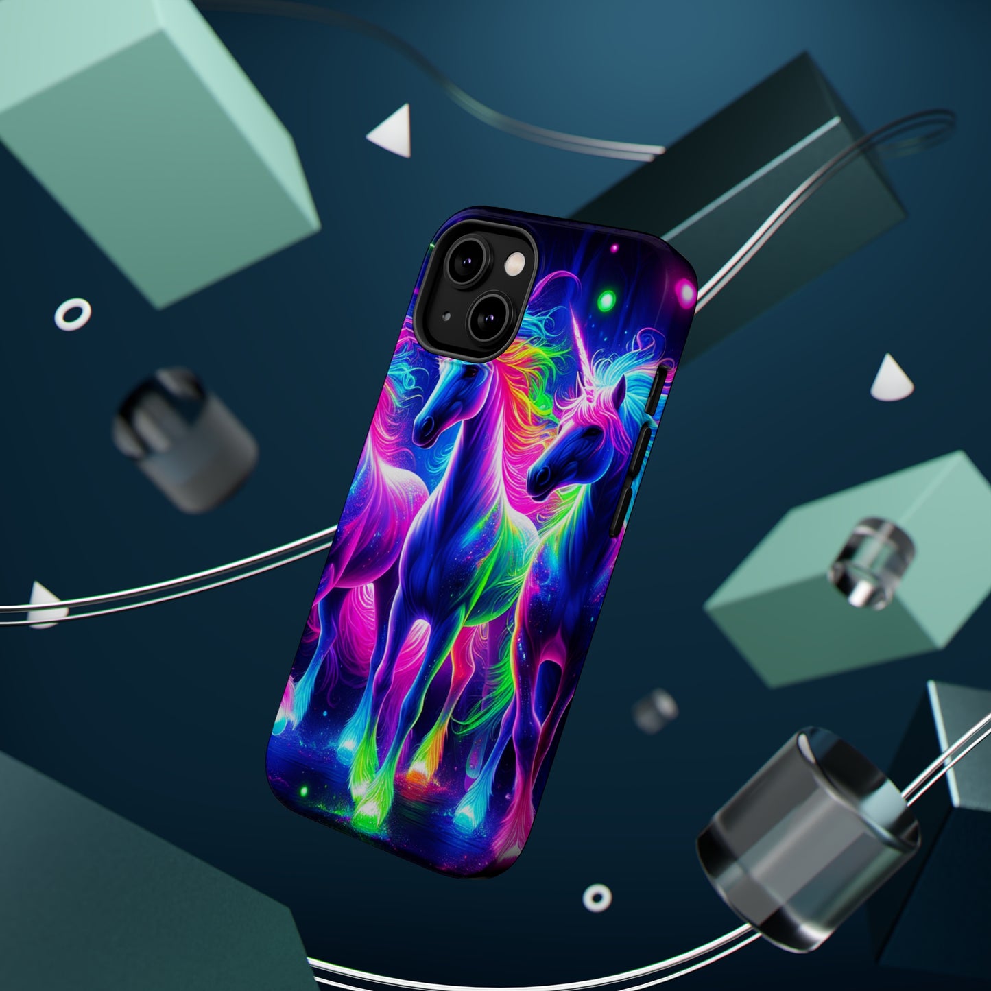 "Uni-Neon Fantasy" Neon Unicorns Premium Art Magsafe Magnet Tough IPhone 13 14 15 Pro Plus Max and Mini in Matte and Glossy Phone cases