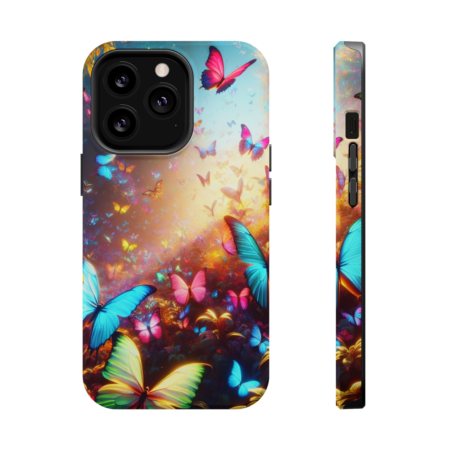 "Neon Butterfly Blooms" Neon Butterflies Premium Art Magsafe Magnet Tough IPhone 13 14 15 Pro Plus Max and Mini in Matte and Glossy Phone cases