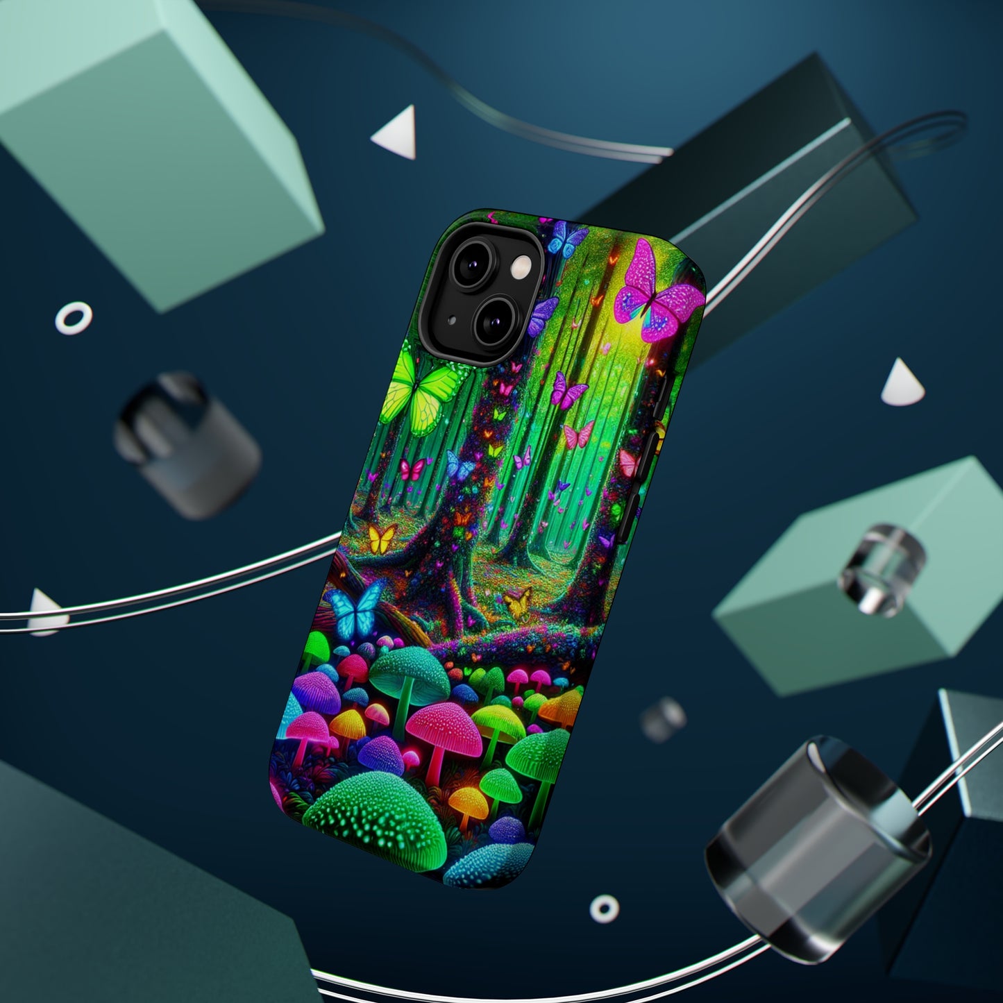 "Neon Garden Symphony". Neon Butterflies and Mushrooms Premium Art Magsafe Magnet Tough IPhone 13 14 15 Pro Plus Max and Mini in Matte and Glossy Phone cases