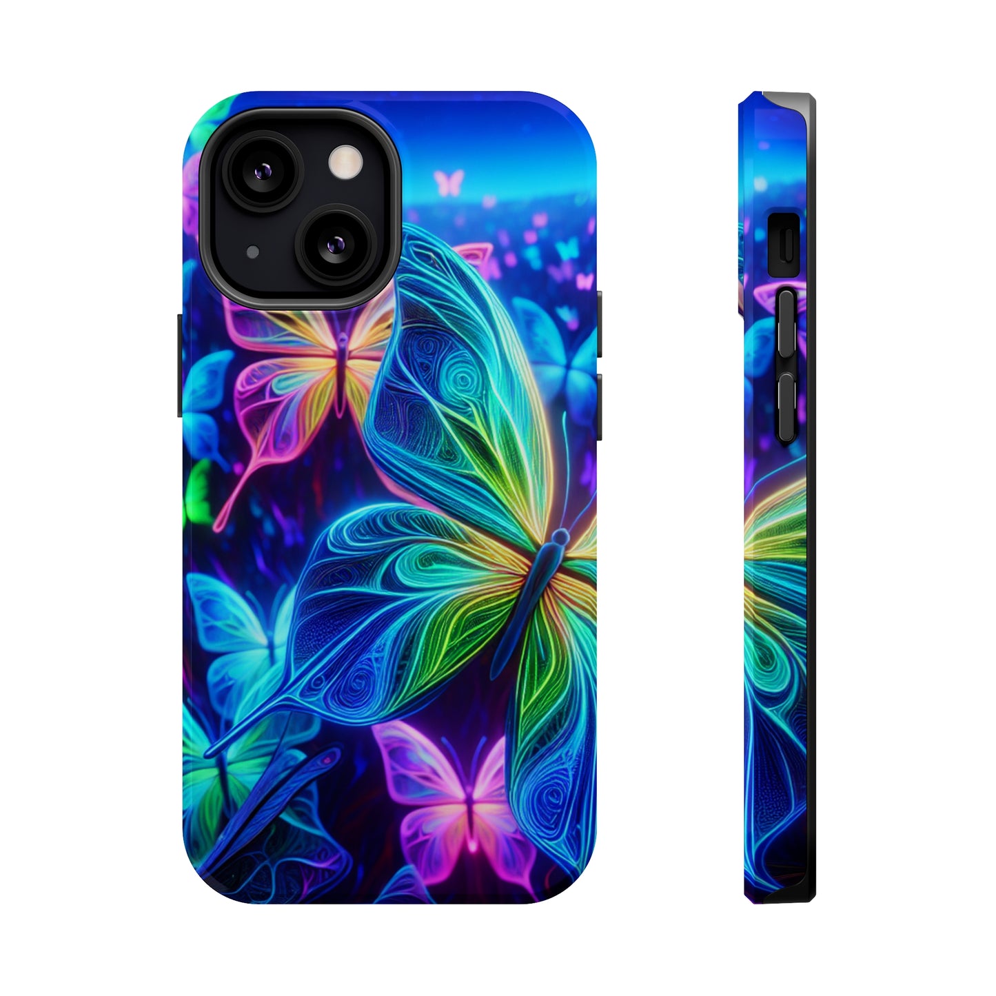 'Serene Spectacle of Neon Butterflies' Neon Butterflies Premium Art Magsafe Magnet Tough IPhone 13 14 15 Pro Plus Max and Mini in Matte and Glossy Phone cases