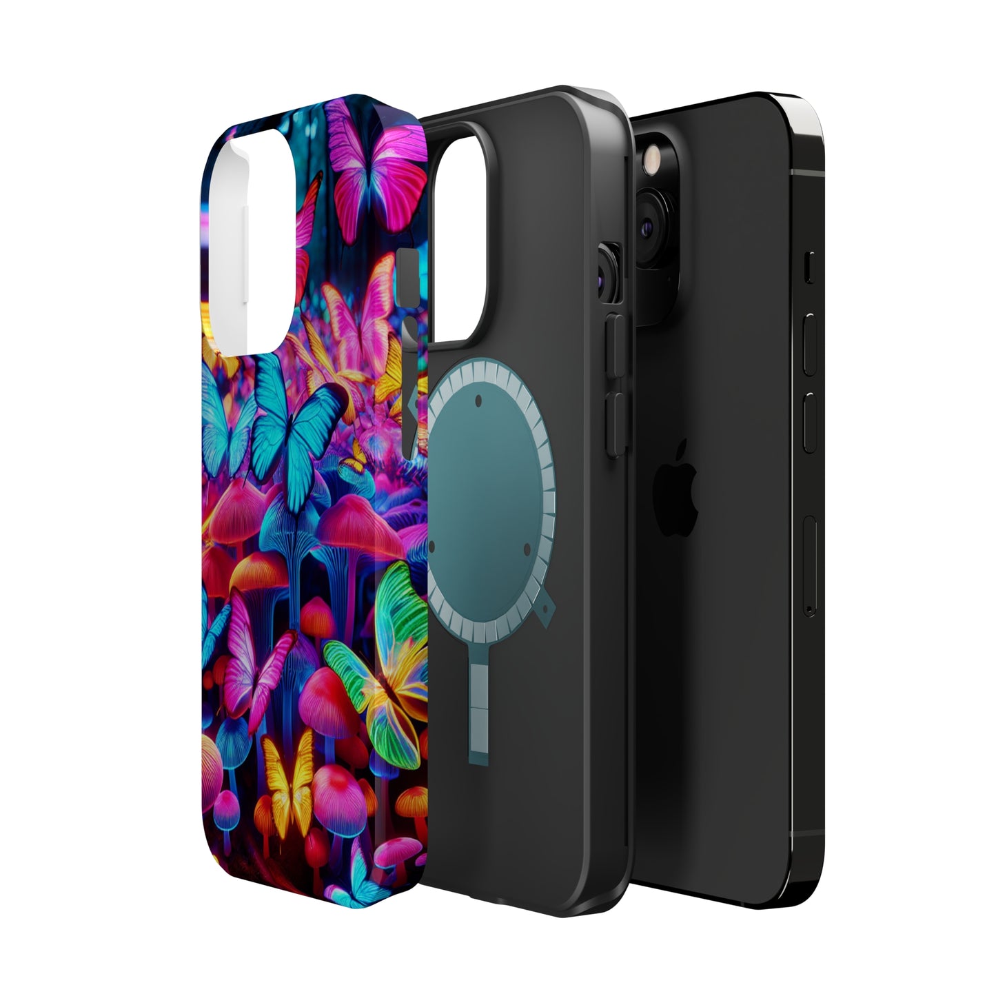 "Neon Tie-Dye Garden" Neon Butterflies and Mushrooms Premium Art Magsafe Magnet Tough IPhone 13 14 15 Pro Plus Max and Mini in Matte and Glossy Phone cases