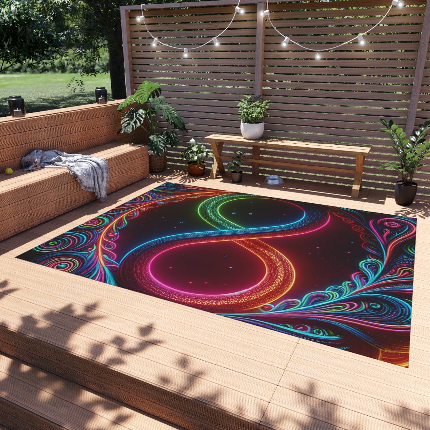 Neon Vortex Infinity. Infinity Patterns Outdoor Rug