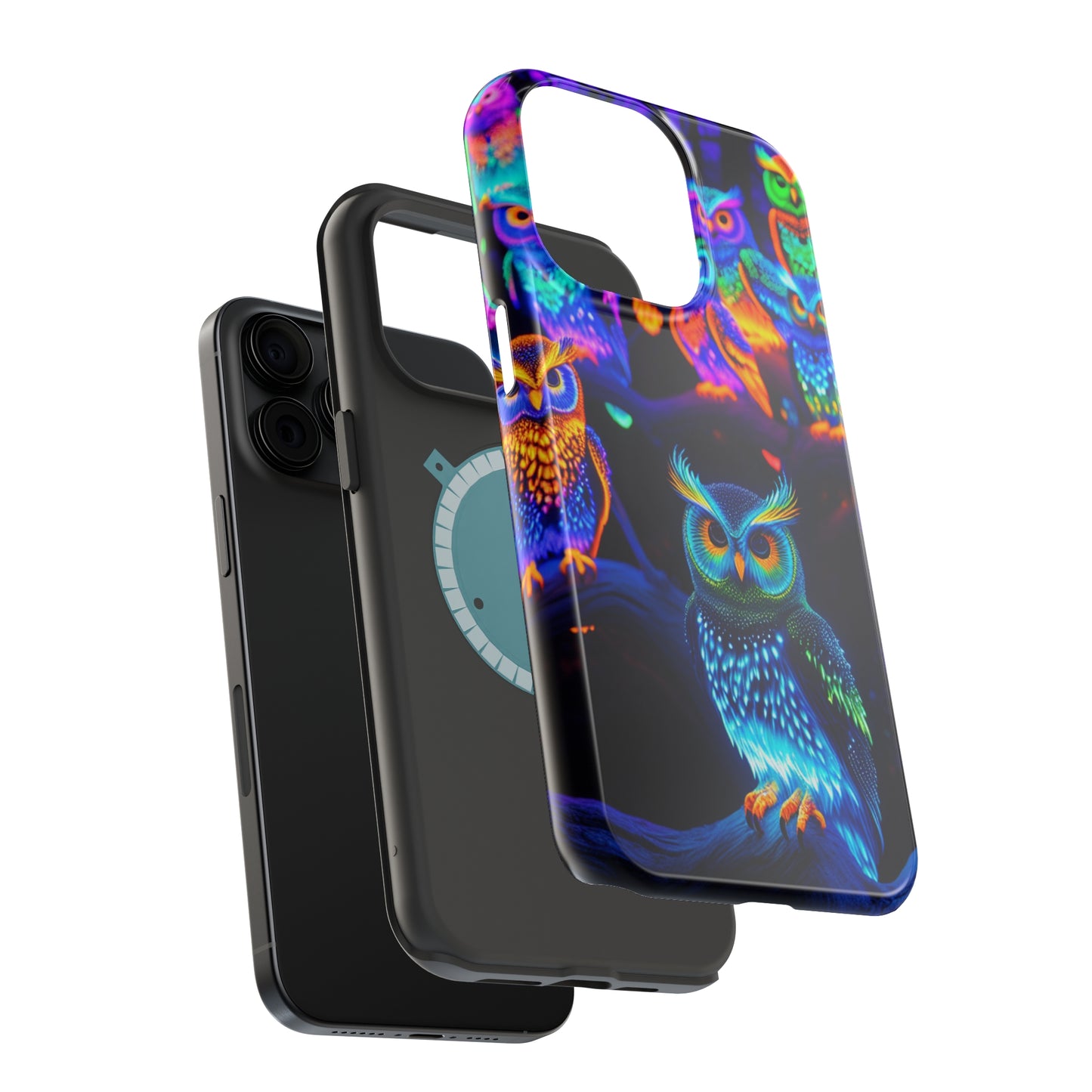 Glowing Neon Clan. Neon Owls Premium Art Magsafe Magnet Tough IPhone 13 14 15 Pro Plus Max and Mini in Matte and Glossy Phone cases