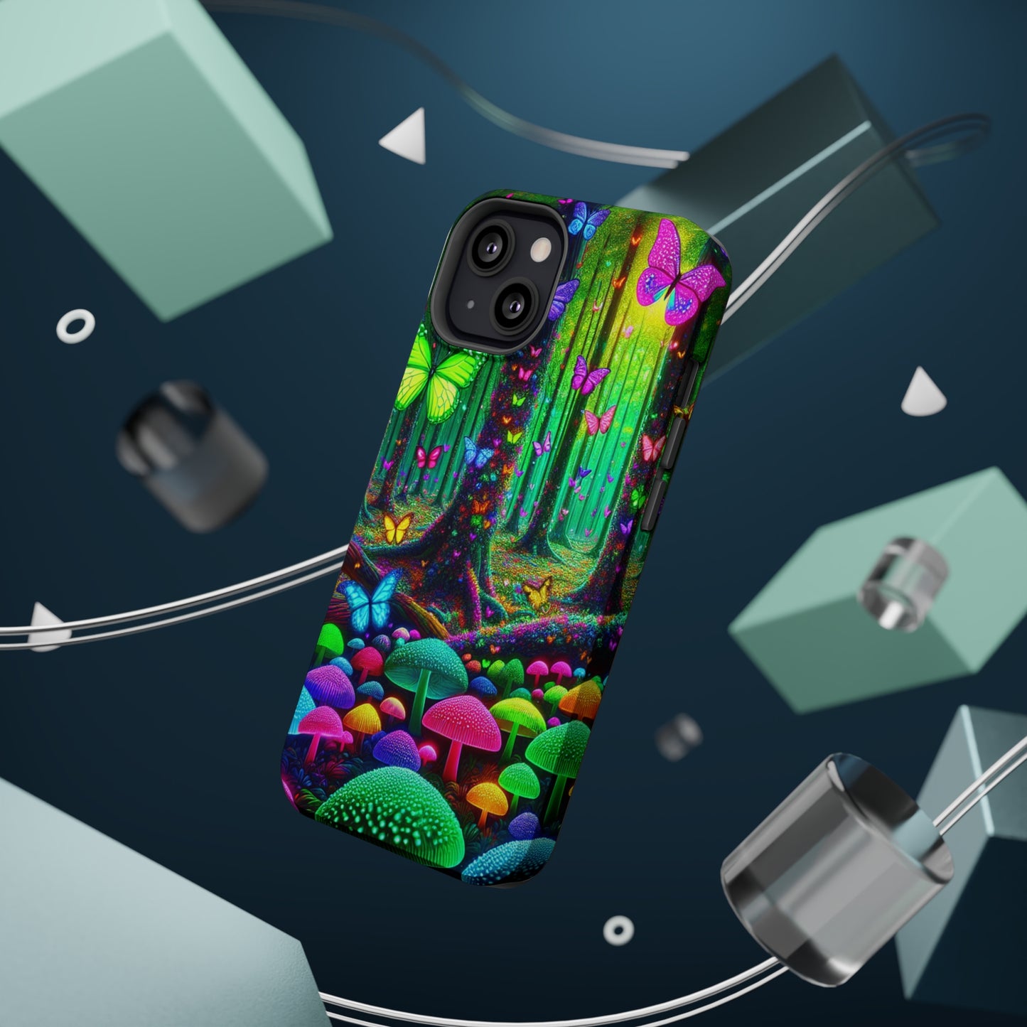 "Neon Garden Symphony". Neon Butterflies and Mushrooms Premium Art Magsafe Magnet Tough IPhone 13 14 15 Pro Plus Max and Mini in Matte and Glossy Phone cases