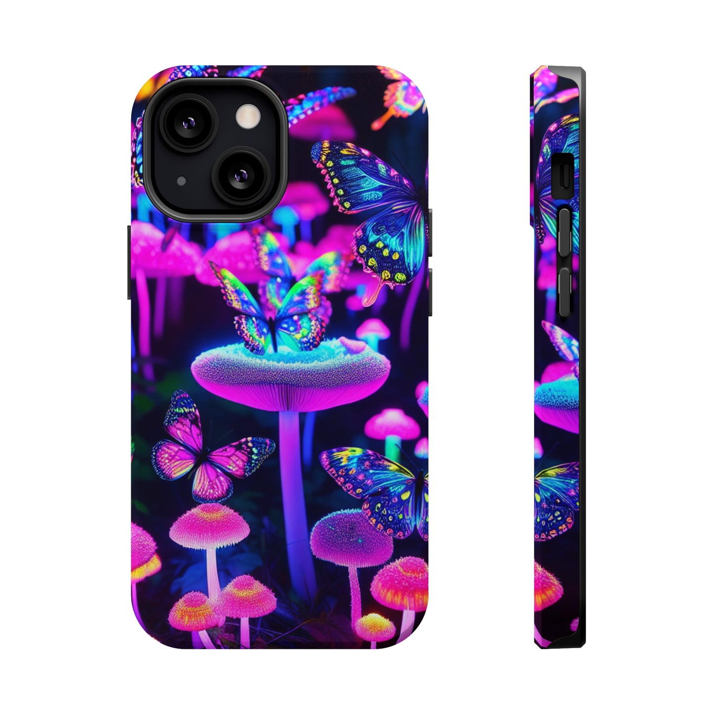 "Neon Gloomsprite Dance" Neon Butterflies and Mushrooms Premium Art Magsafe Magnet Tough IPhone 13 14 15 Pro Plus Max and Mini in Matte and Glossy Phone cases