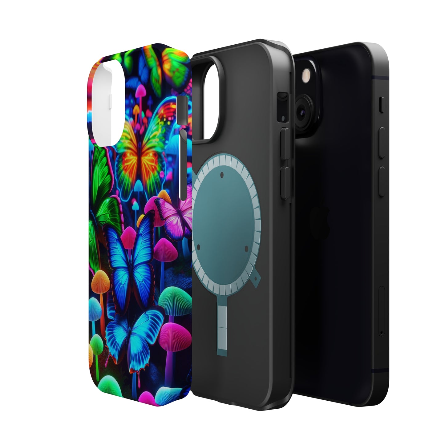 "Fantastic Fruition" Neon Butterflies and Mushrooms Premium Art Magsafe Magnet Tough IPhone 13 14 15 Pro Plus Max and Mini in Matte and Glossy Phone cases