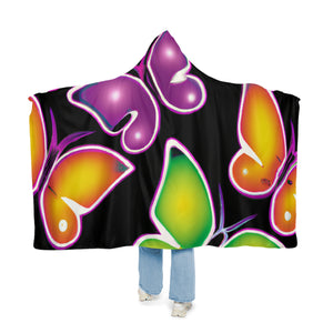 "Neon Flight" - NEON Butterflies Art Hooded Snuggle Blanket