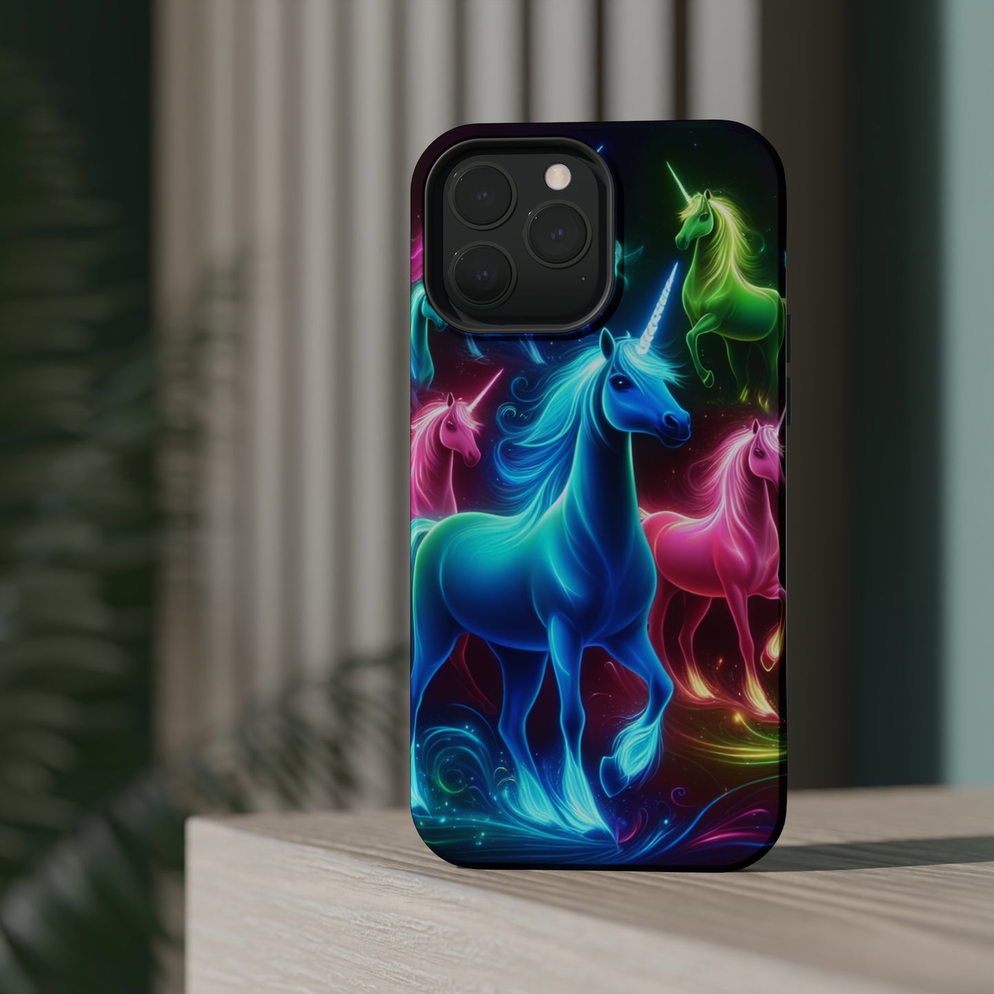 Neon Rainbow Herd. Neon Unicorns Premium Art Magsafe Magnet Tough IPhone 13 14 15 Pro Plus Max and Mini in Matte and Glossy Phone cases