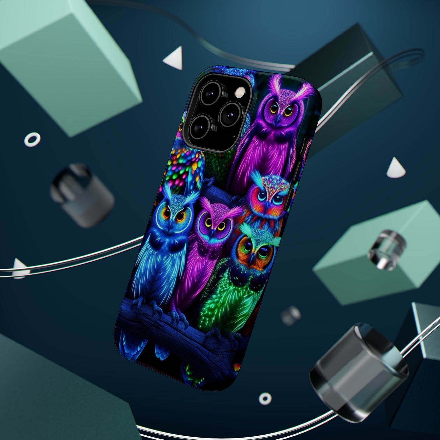"Neon Nocturne" Neon Owls Premium Art Magsafe Magnet Tough IPhone 13 14 15 Pro Plus Max and Mini in Matte and Glossy Phone cases