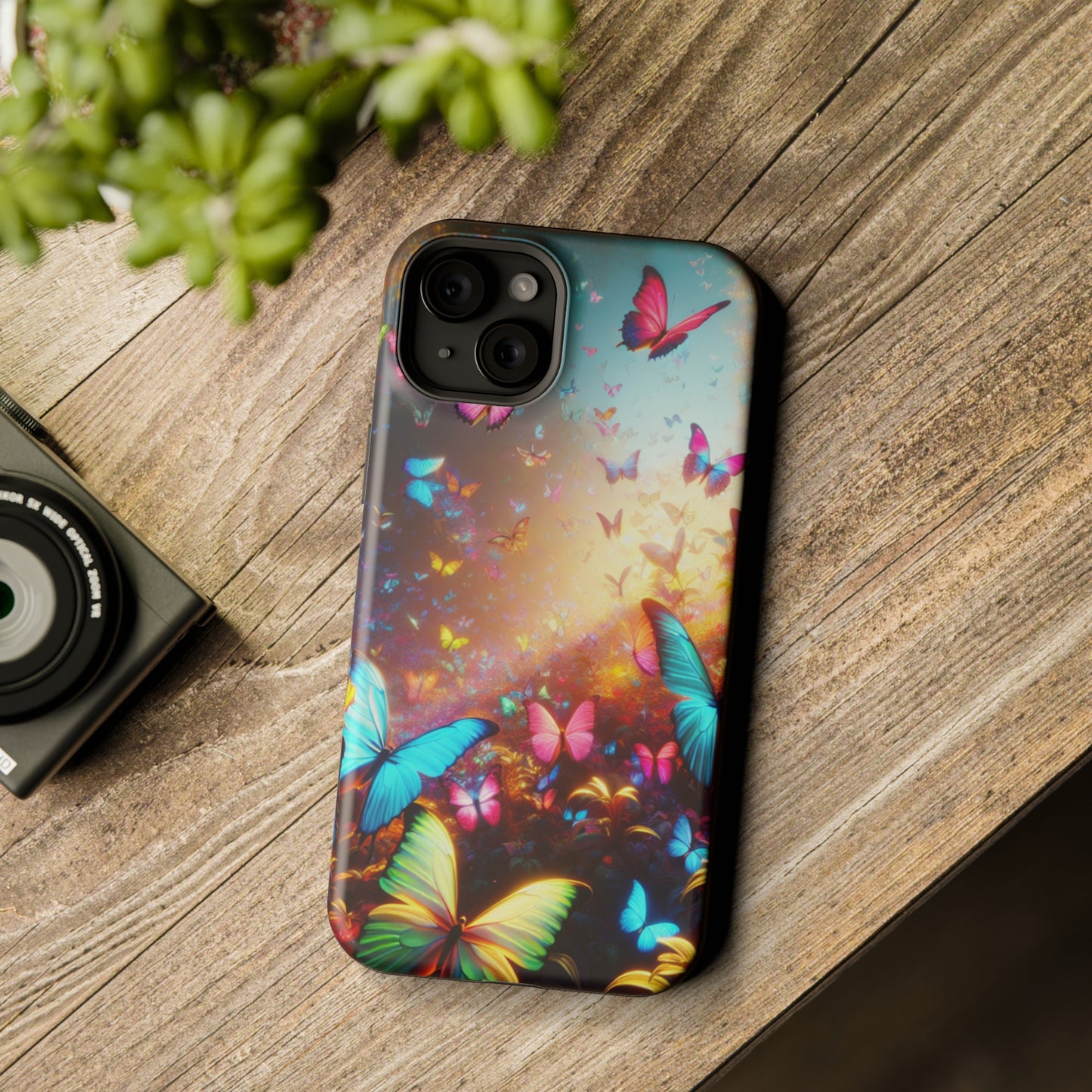 "Neon Butterfly Blooms" Neon Butterflies Premium Art Magsafe Magnet Tough IPhone 13 14 15 Pro Plus Max and Mini in Matte and Glossy Phone cases