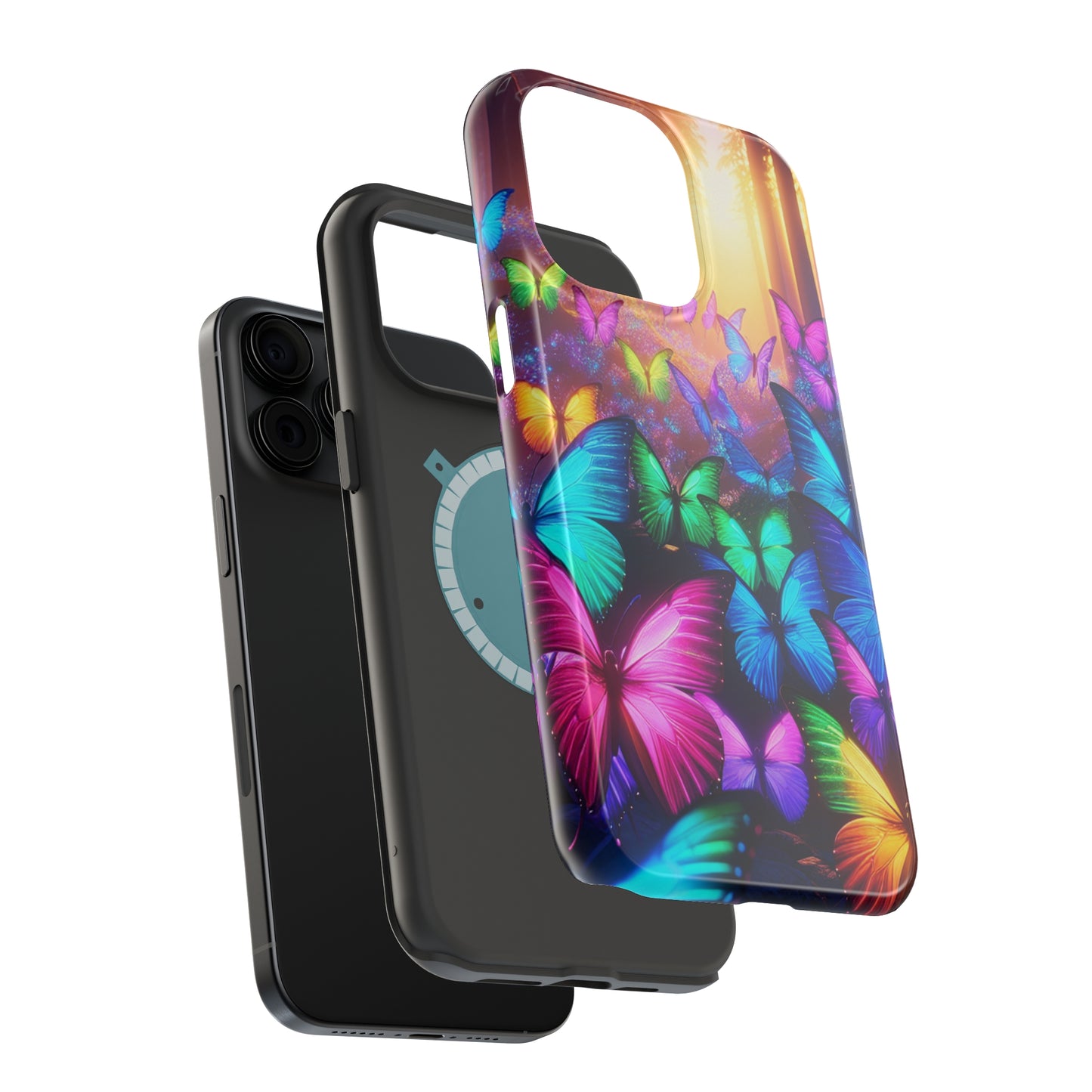 "Radiant Glowing Flight" Neon Butterflies Premium Art Magsafe Magnet Tough IPhone 13 14 15 Pro Plus Max and Mini in Matte and Glossy Phone cases