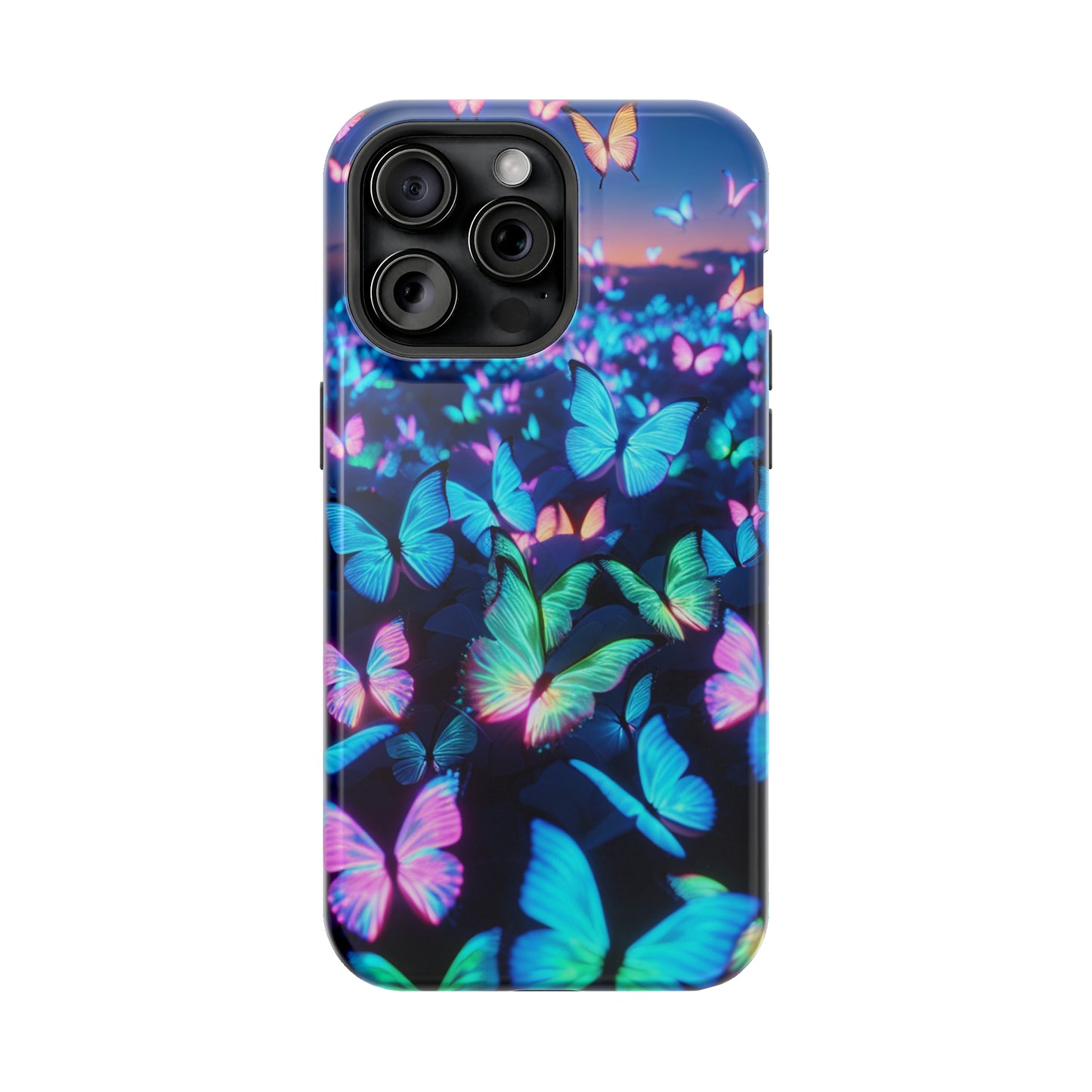 "Fantasia of Neon Butterflies" Neon Butterflies Premium Art Magsafe Magnet Tough IPhone 13 14 15 Pro Plus Max and Mini in Matte and Glossy Phone cases