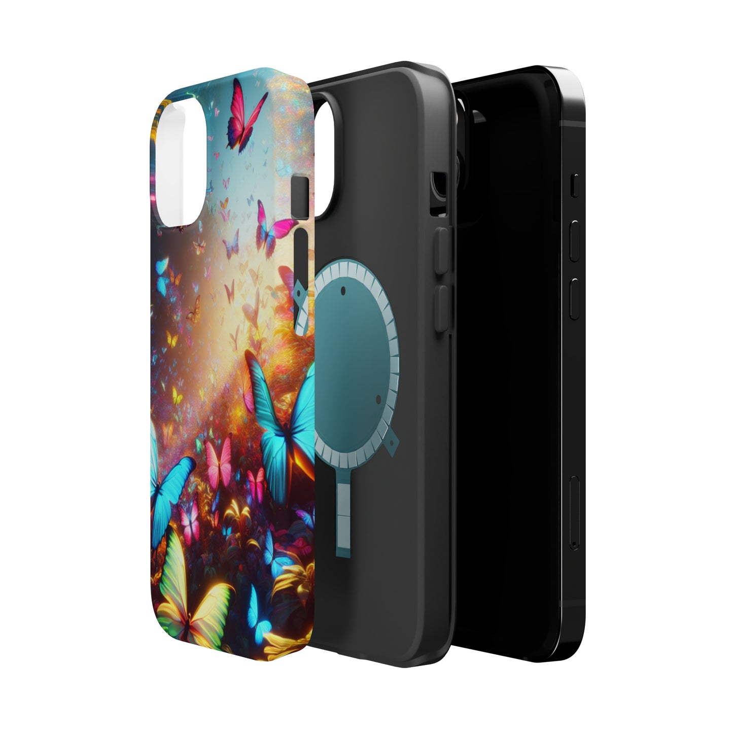 "Neon Butterfly Blooms" Neon Butterflies Premium Art Magsafe Magnet Tough IPhone 13 14 15 Pro Plus Max and Mini in Matte and Glossy Phone cases