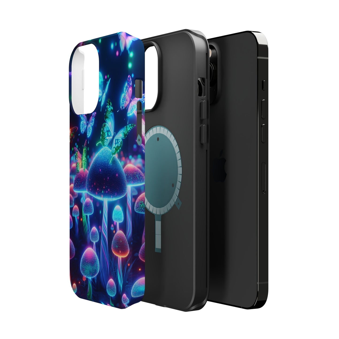 Neon Glitterbug Heaven. Neon Butterflies and Mushrooms Premium Art Magsafe Magnet Tough IPhone 13 14 15 Pro Plus Max and Mini in Matte and Glossy Phone cases