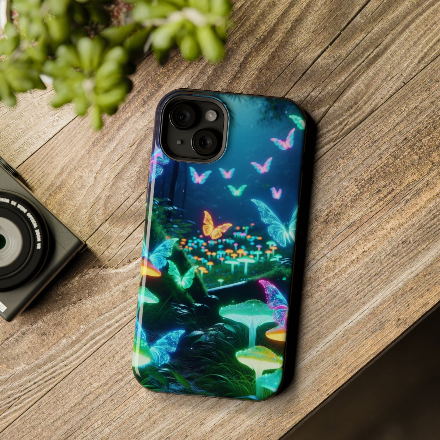 "Neon Meadow" Neon Butterflies and Mushrooms Premium Art Magsafe Magnet Tough IPhone 13 14 15 Pro Plus Max and Mini in Matte and Glossy Phone cases