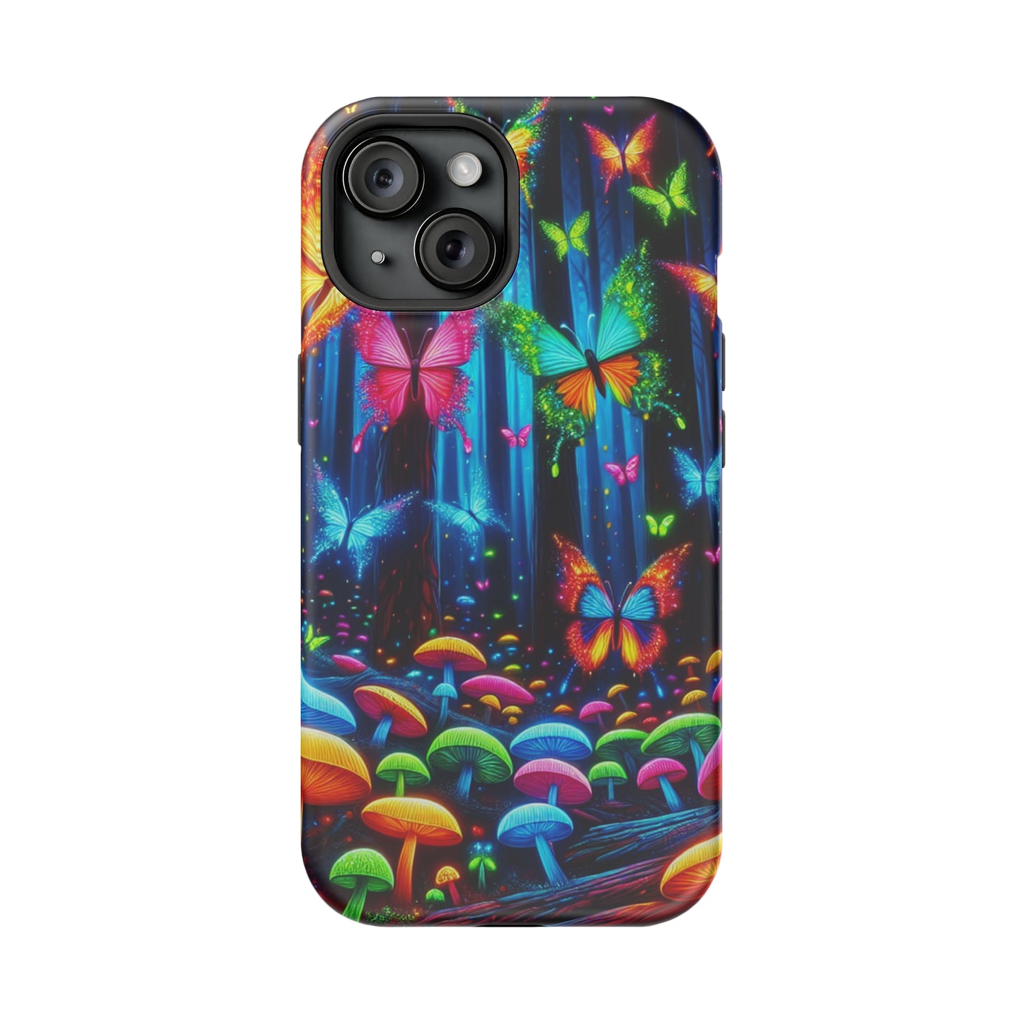 Neon Fantasia. Neon Butterflies and Mushrooms Premium Art Magsafe Magnet Tough IPhone 13 14 15 Pro Plus Max and Mini in Matte and Glossy Phone cases