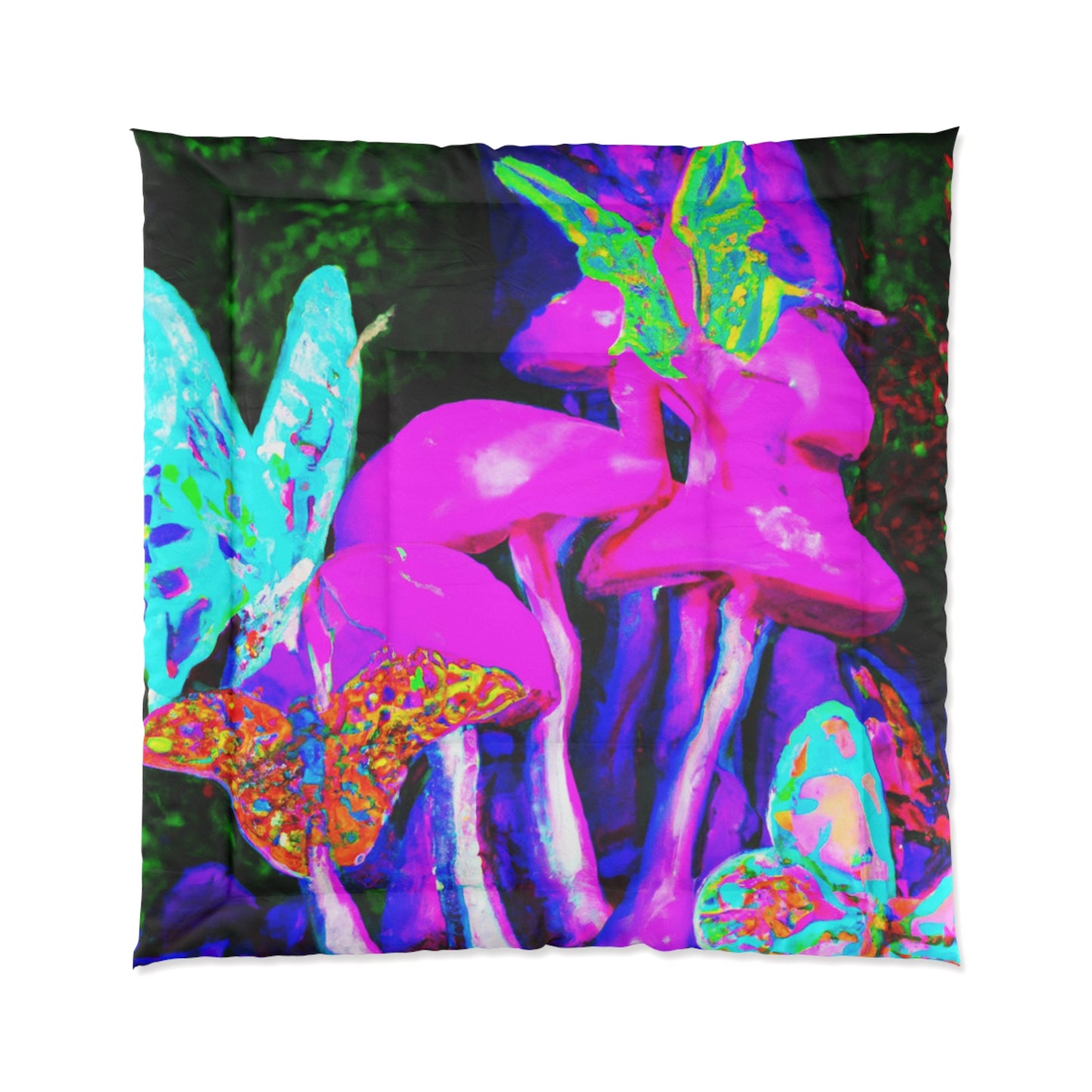 "Neon Glade of Wonders" Butterflies & Mushrooms Comforter Blanket