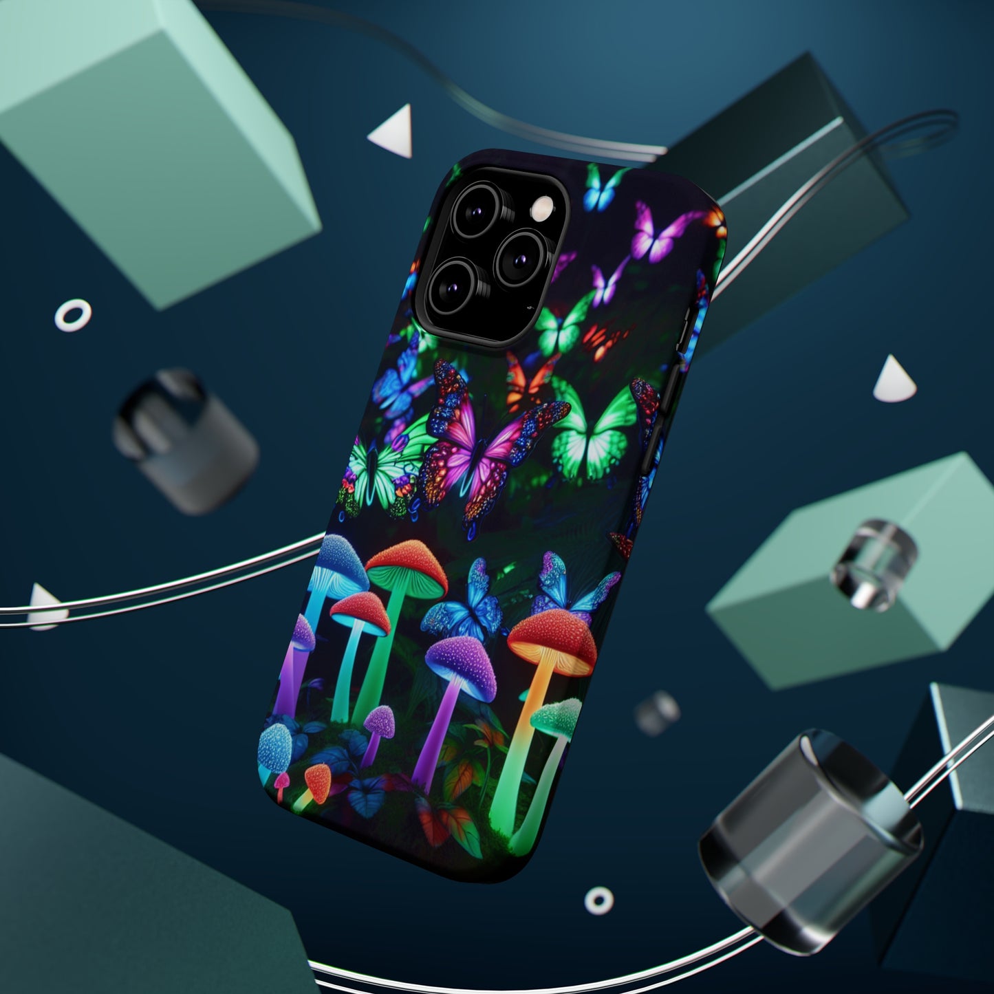 "Neon Burst Wonderland". Neon Butterflies and Mushrooms Premium Art Magsafe Magnet Tough IPhone 13 14 15 Pro Plus Max and Mini in Matte and Glossy Phone cases