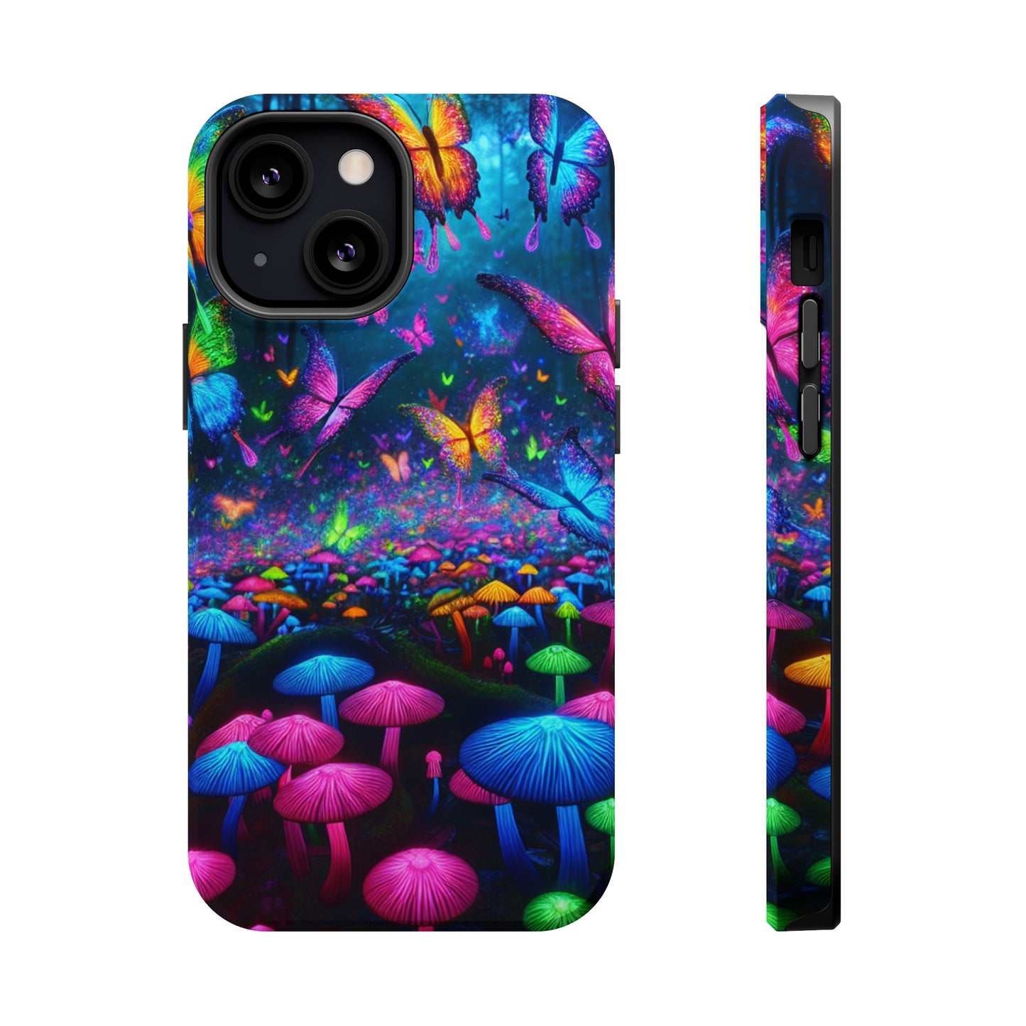 Neon Fruition Neon Butterflies and Mushrooms Premium Art Magsafe Magnet Tough IPhone 13 14 15 Pro Plus Max and Mini in Matte and Glossy Phone cases