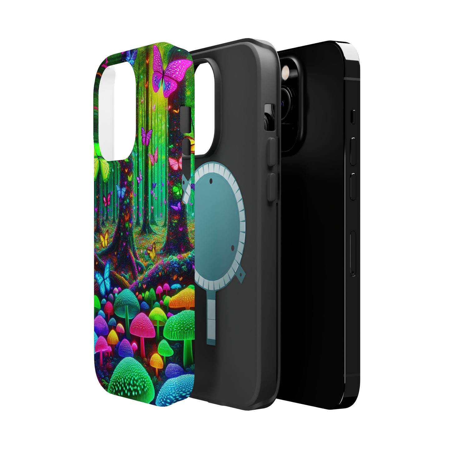 "Neon Garden Symphony". Neon Butterflies and Mushrooms Premium Art Magsafe Magnet Tough IPhone 13 14 15 Pro Plus Max and Mini in Matte and Glossy Phone cases