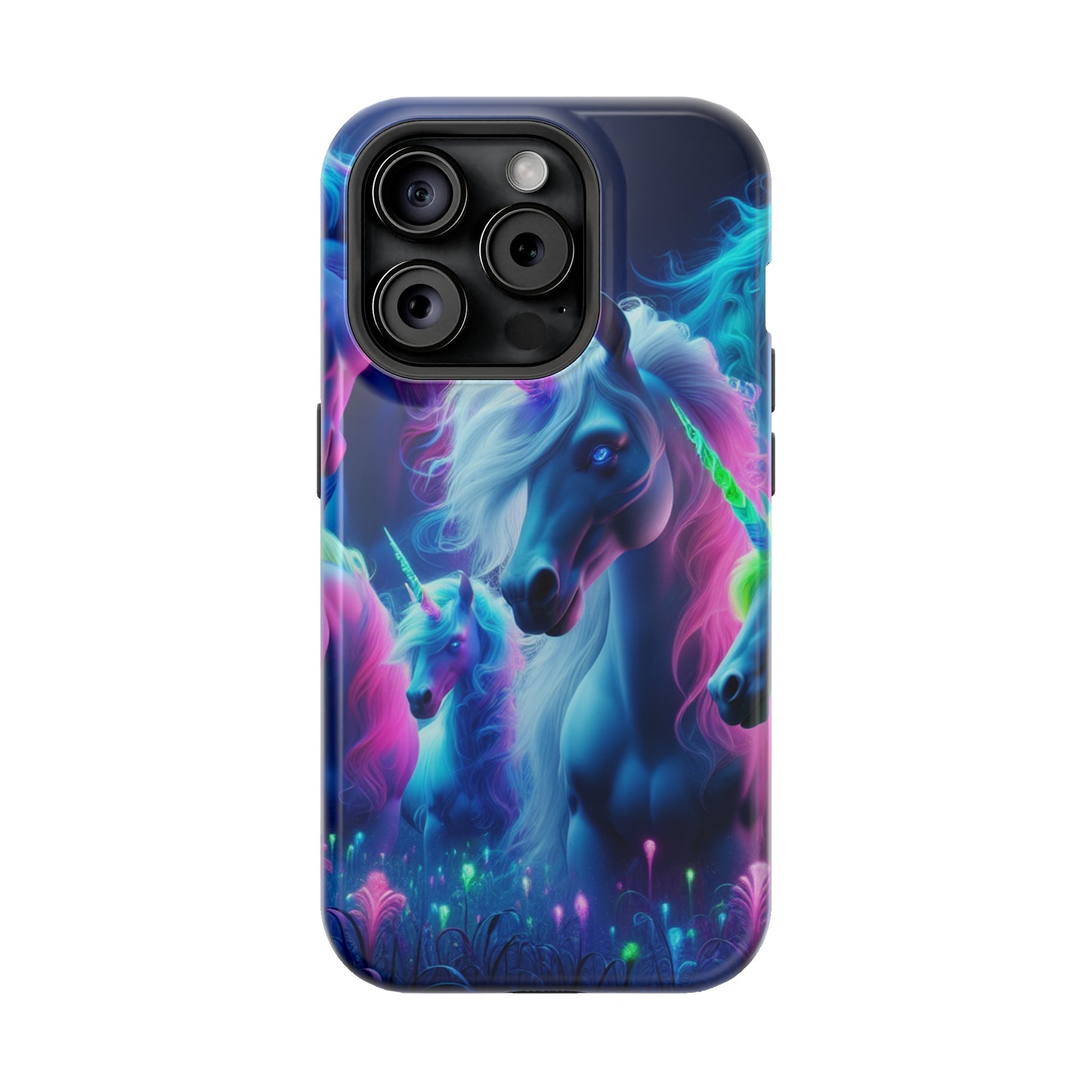 "Unicorn Flux-scape" Neon Unicorns Premium Art Magsafe Magnet Tough IPhone 13 14 15 Pro Plus Max and Mini in Matte and Glossy Phone cases