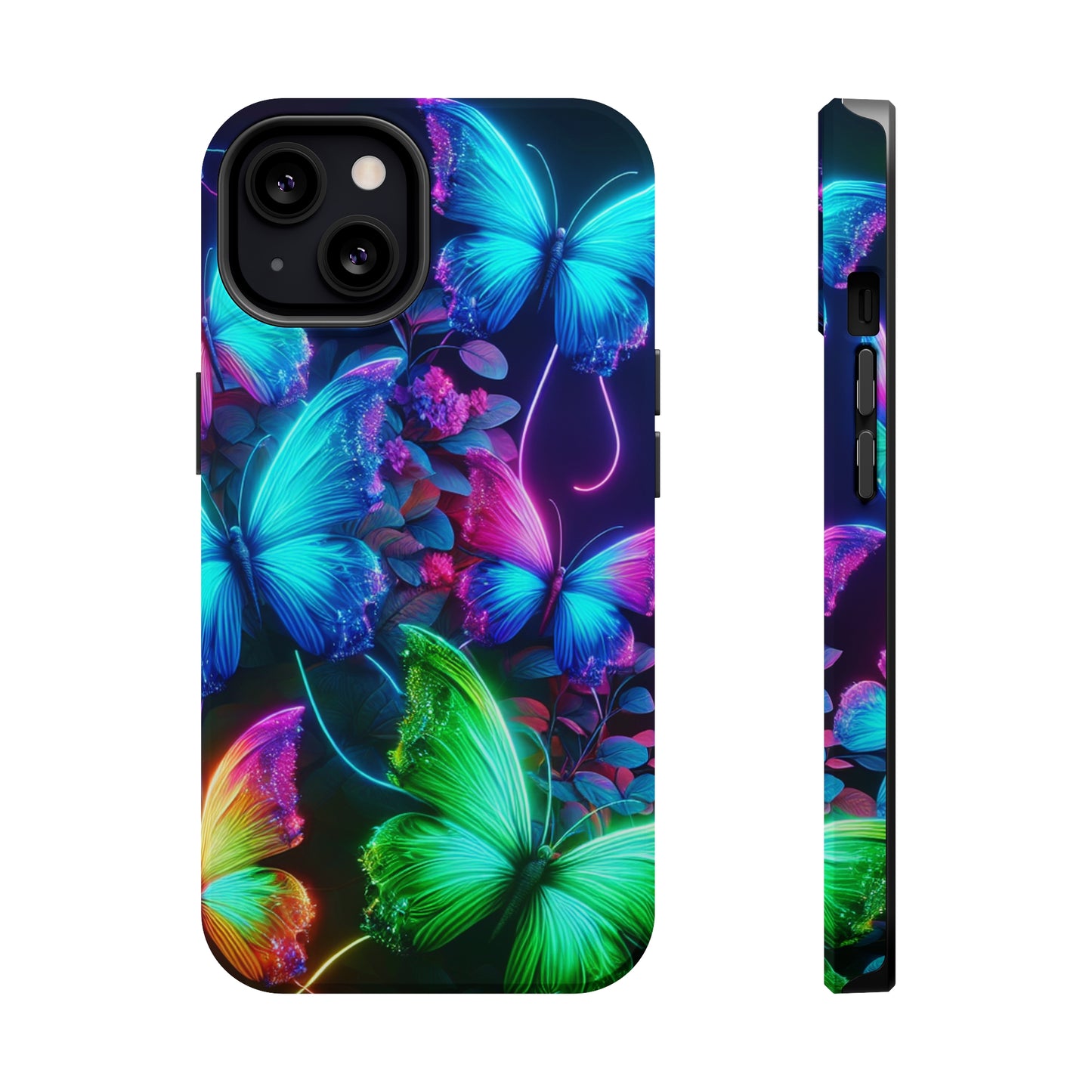 Neon Flutter Symphony Neon Butterflies Premium Art Magsafe Magnet Tough IPhone 13 14 15 Pro Plus Max and Mini in Matte and Glossy Phone cases