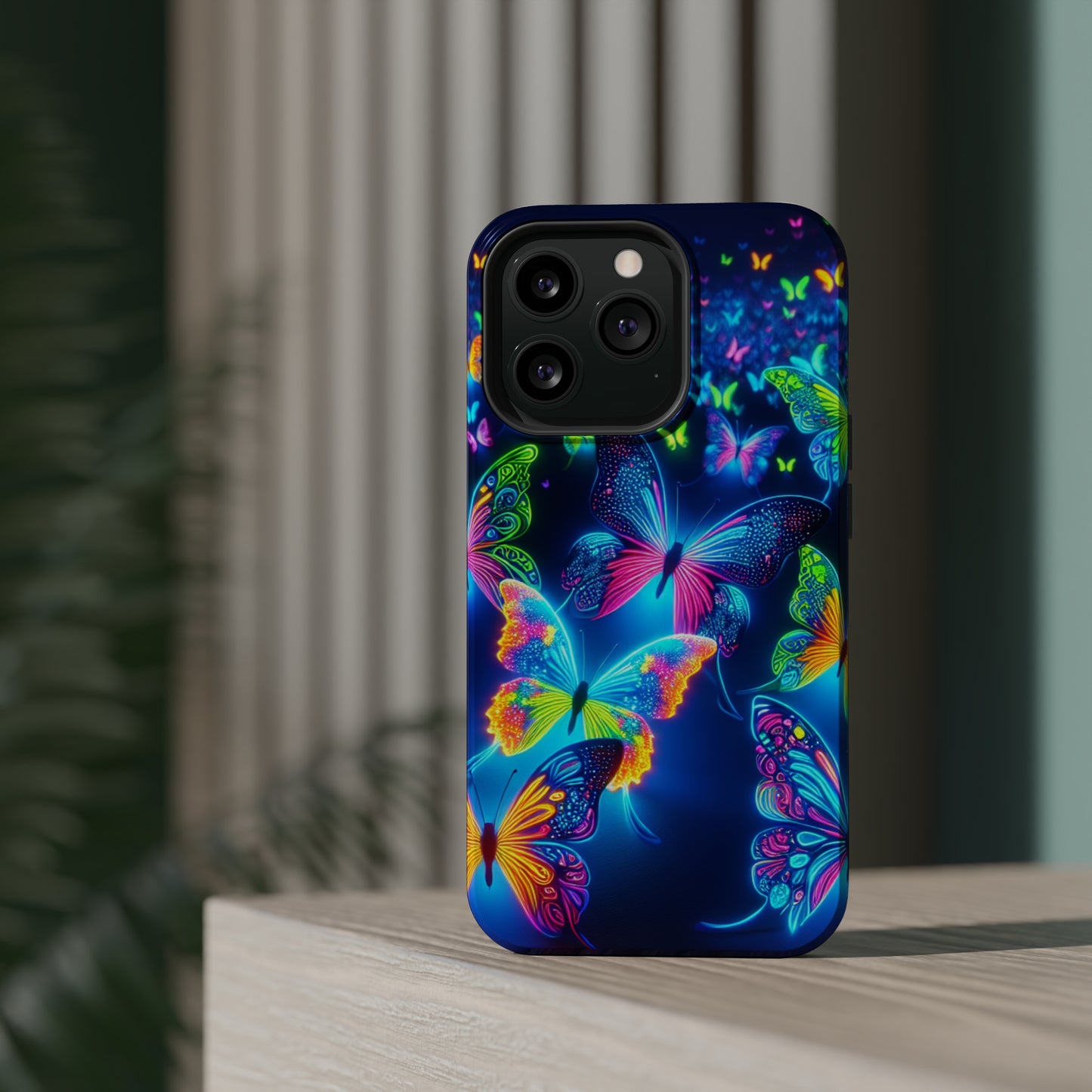 "Atmospheric Fluorescence" Neon Butterflies Premium Art Magsafe Magnet Tough IPhone 13 14 15 Pro Plus Max and Mini in Matte and Glossy Phone cases