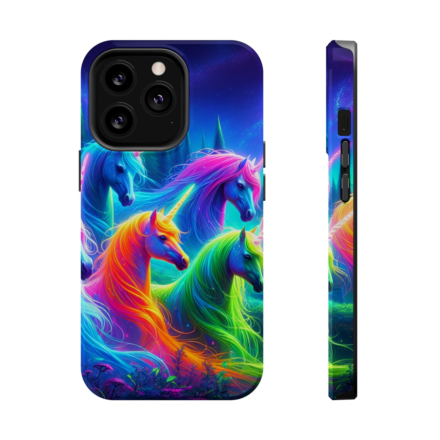 "Vibrant Neon Unicorn Rainbow" Neon Unicorns Premium Art Magsafe Magnet Tough IPhone 13 14 15 Pro Plus Max and Mini in Matte and Glossy Phone cases
