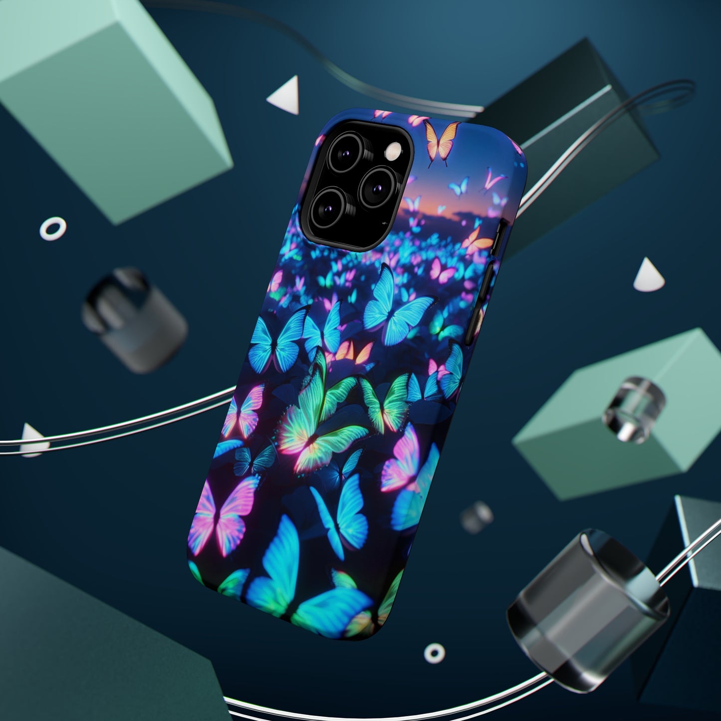 "Fantasia of Neon Butterflies" Neon Butterflies Premium Art Magsafe Magnet Tough IPhone 13 14 15 Pro Plus Max and Mini in Matte and Glossy Phone cases