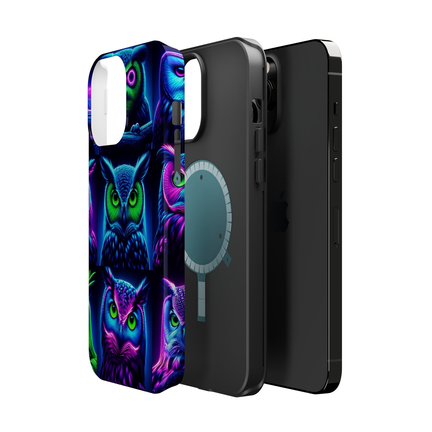 "Neon Nocturne" Neon Owls Premium Art Magsafe Magnet Tough IPhone 13 14 15 Pro Plus Max and Mini in Matte and Glossy Phone cases