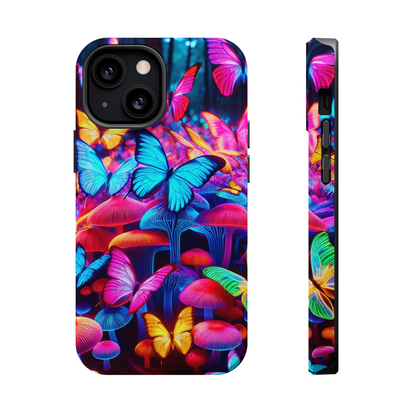 "Neon Tie-Dye Garden" Neon Butterflies and Mushrooms Premium Art Magsafe Magnet Tough IPhone 13 14 15 Pro Plus Max and Mini in Matte and Glossy Phone cases