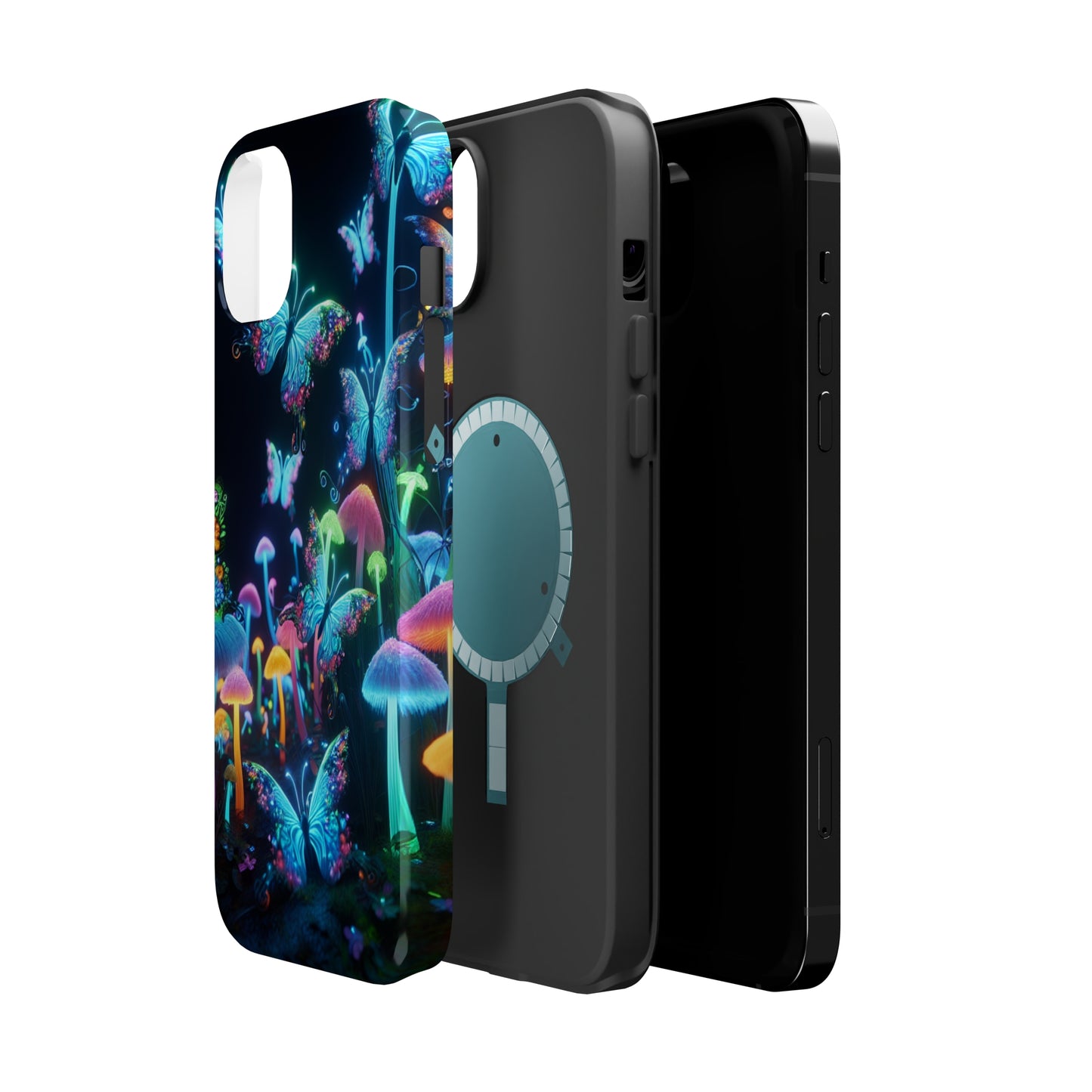 "Neon Dreamscape" Neon Butterflies and Mushrooms Premium Art Magsafe Magnet Tough IPhone 13 14 15 Pro Plus Max and Mini in Matte and Glossy Phone cases