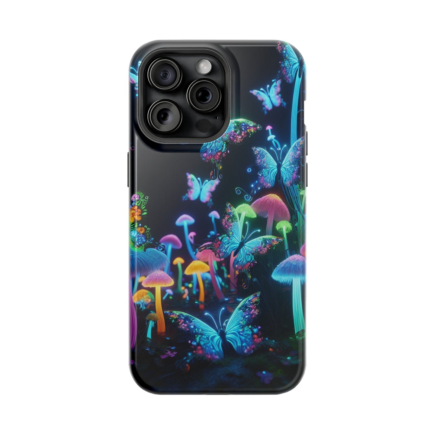"Neon Dreamscape" Neon Butterflies and Mushrooms Premium Art Magsafe Magnet Tough IPhone 13 14 15 Pro Plus Max and Mini in Matte and Glossy Phone cases