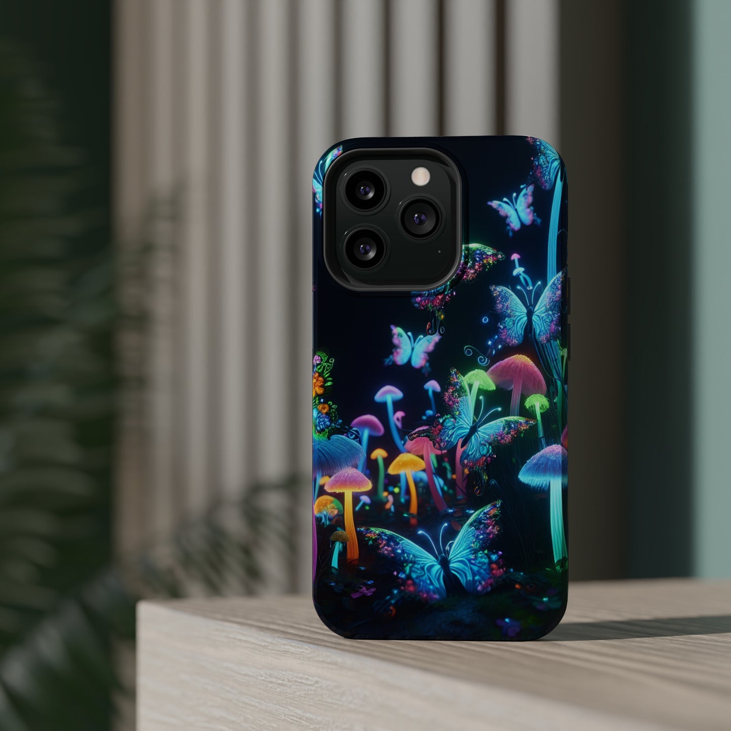 "Neon Dreamscape" Neon Butterflies and Mushrooms Premium Art Magsafe Magnet Tough IPhone 13 14 15 Pro Plus Max and Mini in Matte and Glossy Phone cases