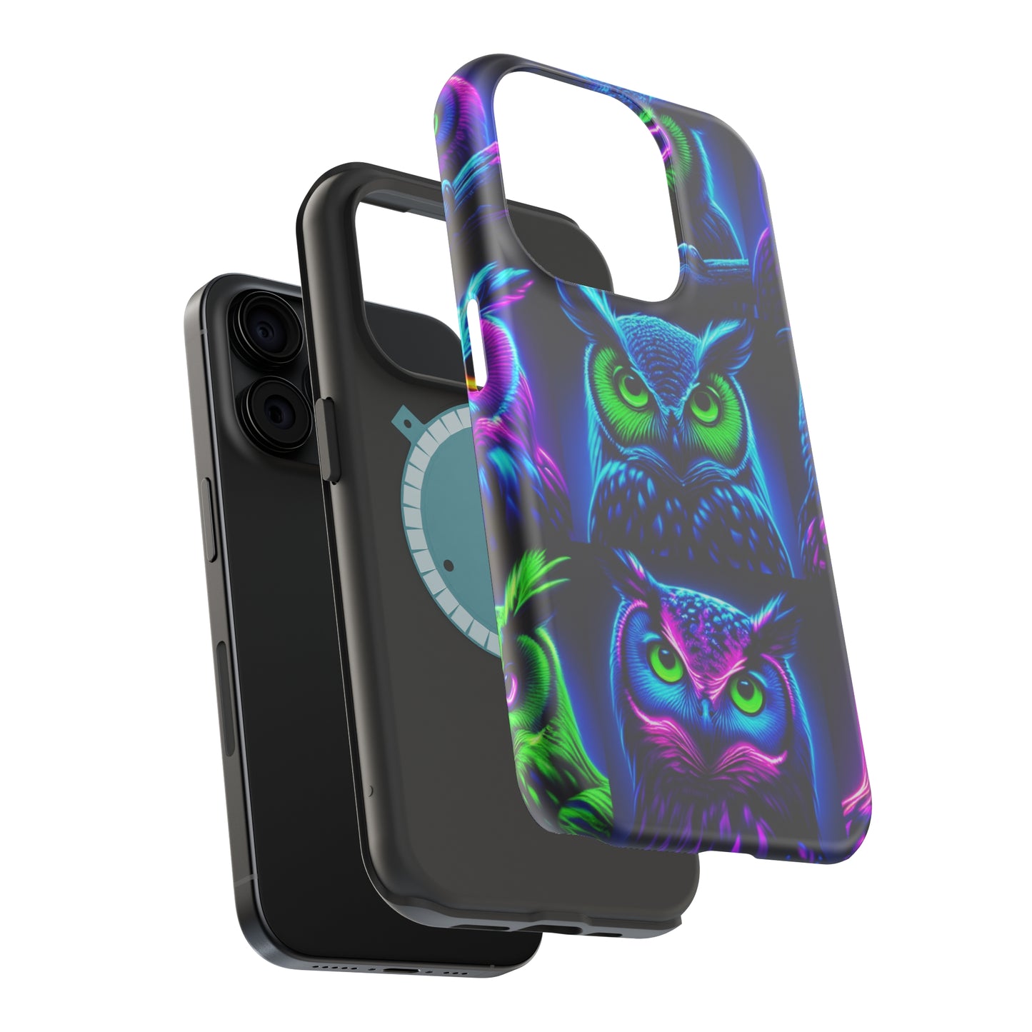 "Neon Nocturne" Neon Owls Premium Art Magsafe Magnet Tough IPhone 13 14 15 Pro Plus Max and Mini in Matte and Glossy Phone cases