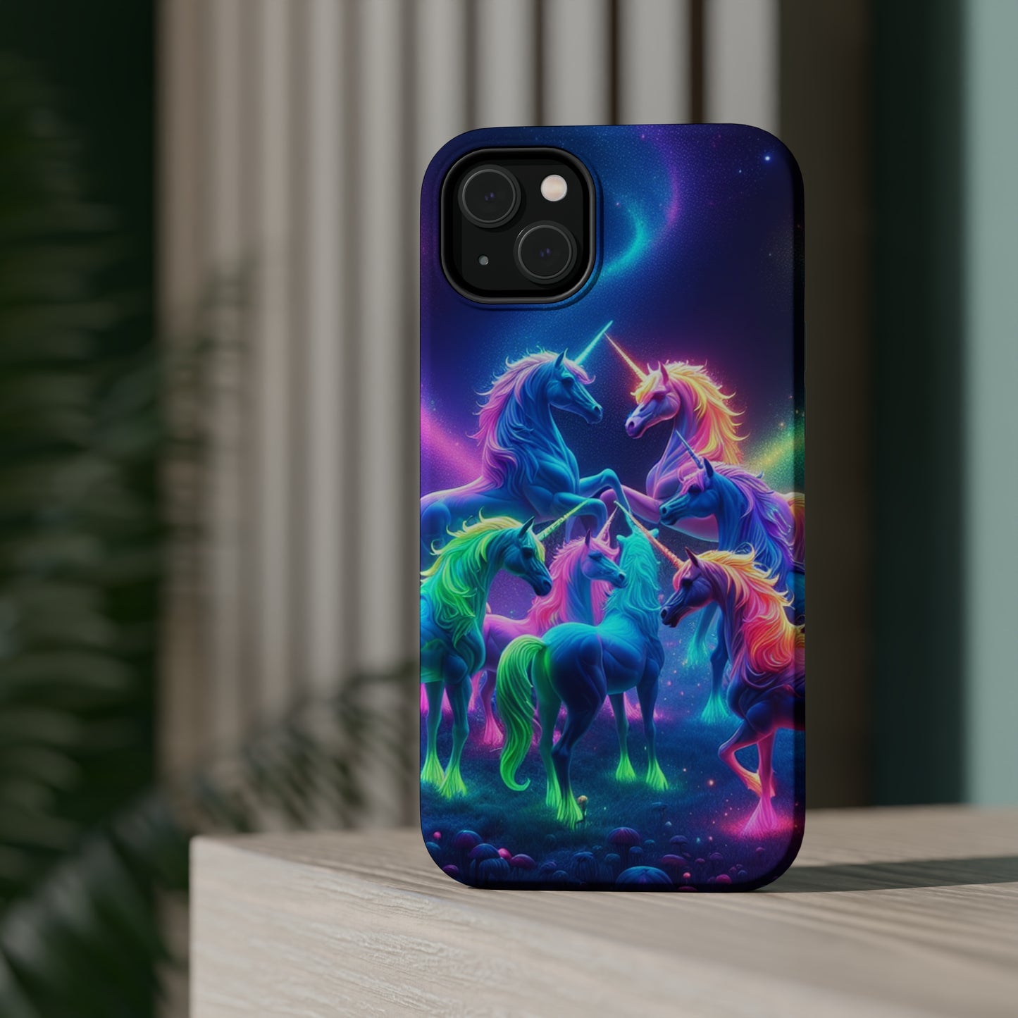 Neon Spectacle of Unicorns Neon Unicorns Premium Art Magsafe Magnet Tough IPhone 13 14 15 Pro Plus Max and Mini in Matte and Glossy Phone cases