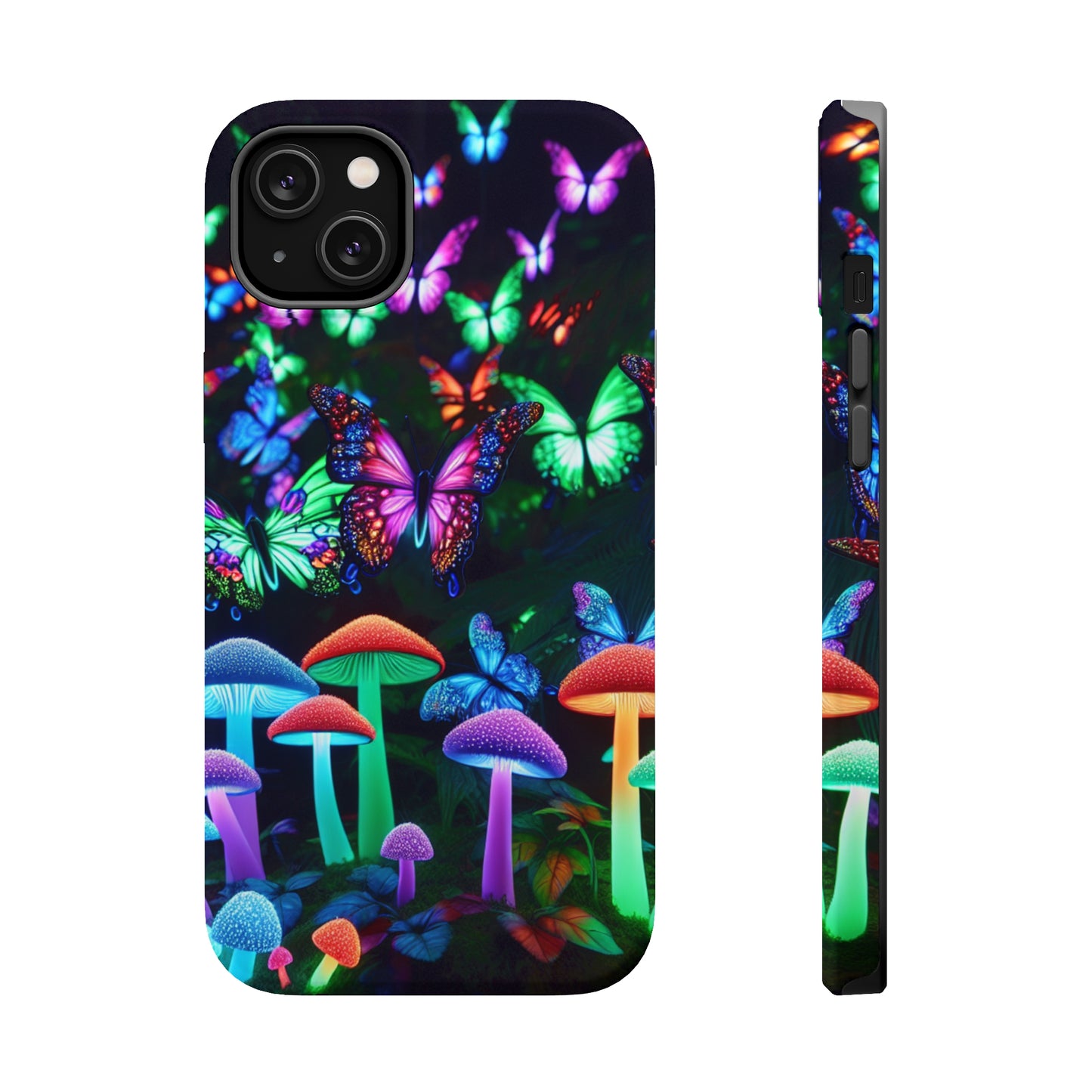 "Neon Burst Wonderland". Neon Butterflies and Mushrooms Premium Art Magsafe Magnet Tough IPhone 13 14 15 Pro Plus Max and Mini in Matte and Glossy Phone cases