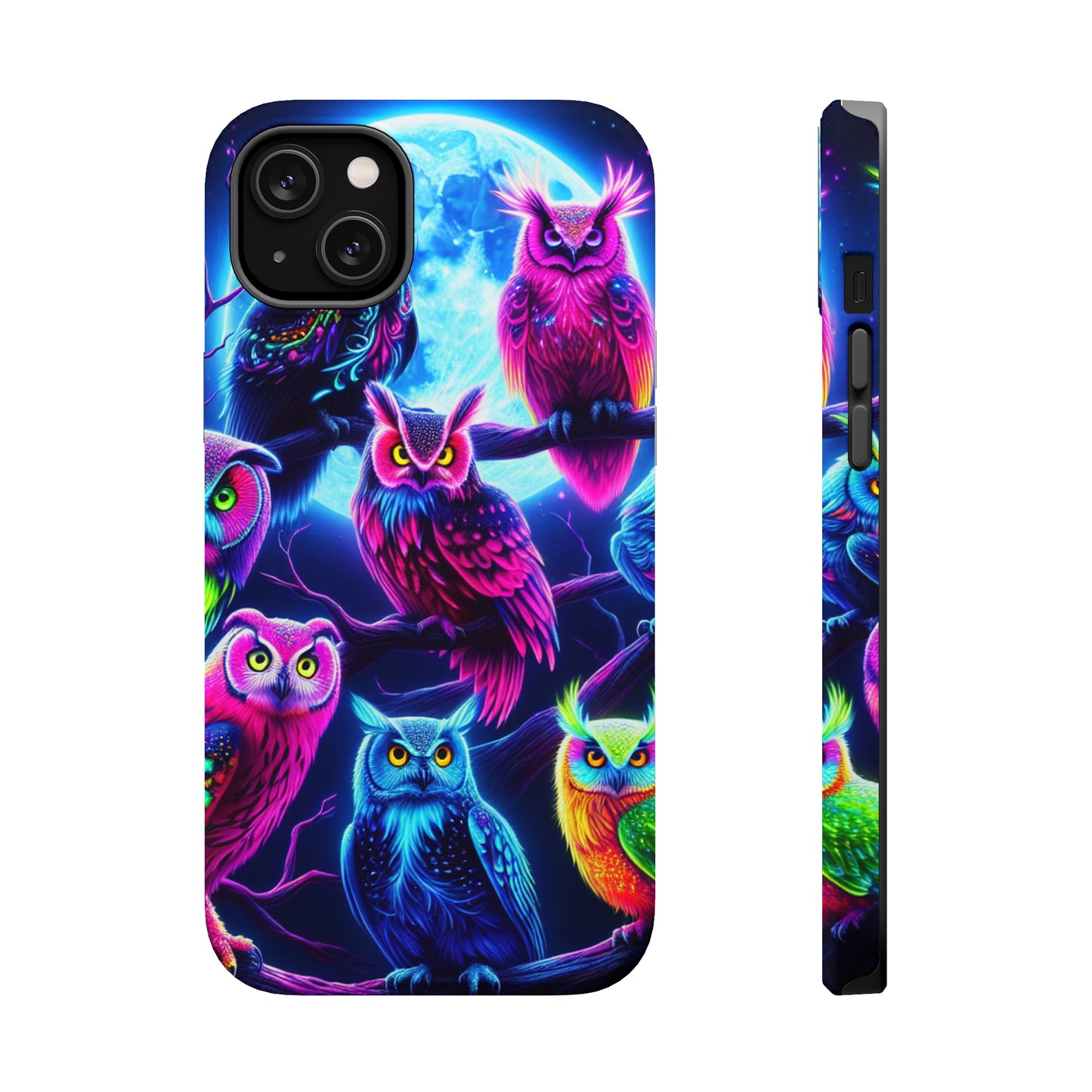"Neon Splash of Owls" Neon Owls Premium Art Magsafe Magnet Tough IPhone 13 14 15 Pro Plus Max and Mini in Matte and Glossy Phone cases