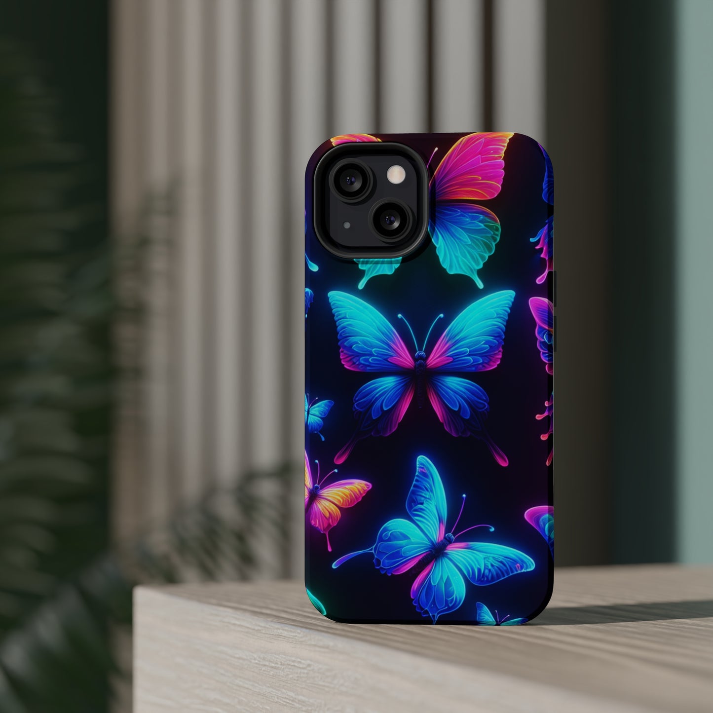 "Neon Flight Frenzy" Neon Butterflies Premium Art Magsafe Magnet Tough IPhone 13 14 15 Pro Plus Max and Mini in Matte and Glossy Phone cases