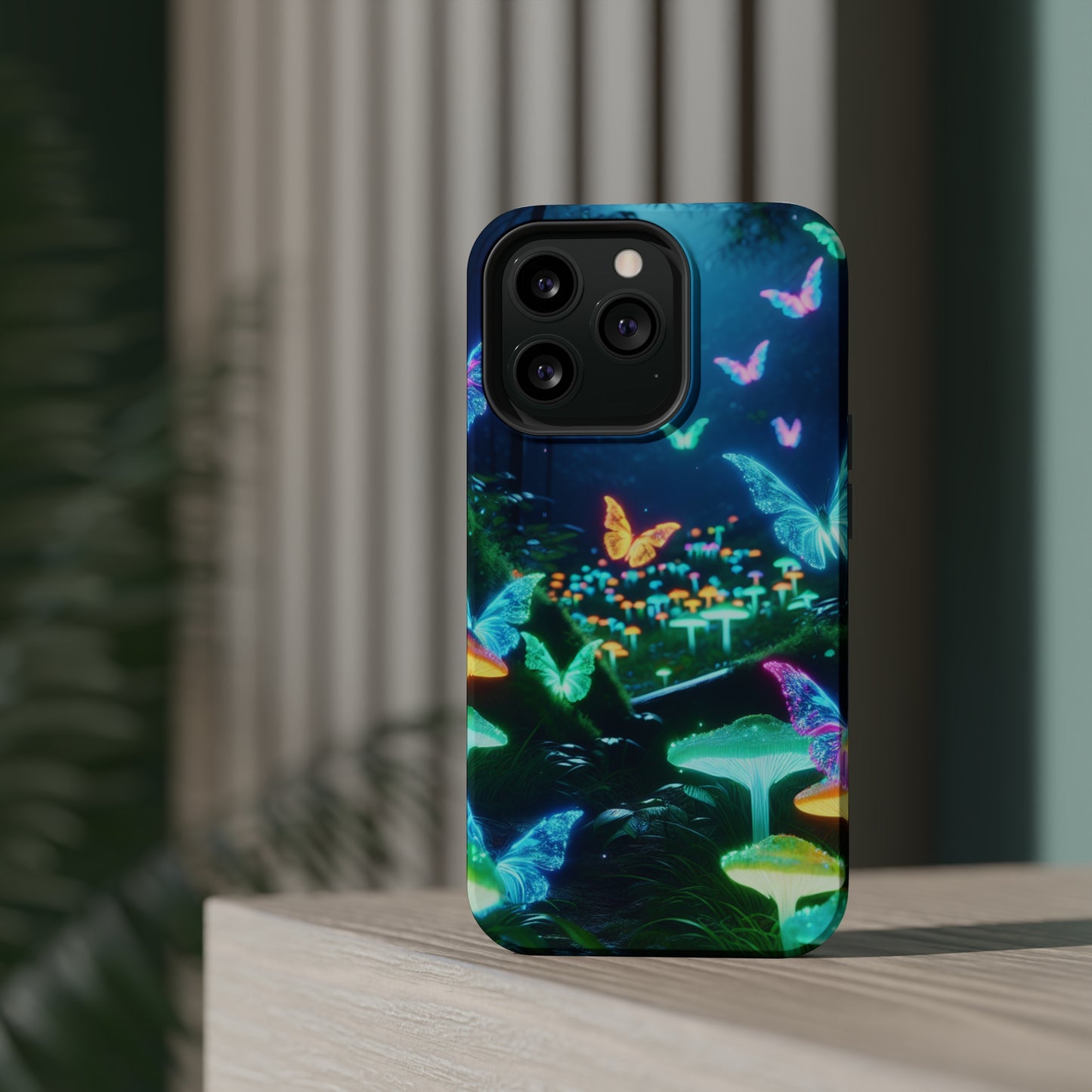 "Neon Meadow" Neon Butterflies and Mushrooms Premium Art Magsafe Magnet Tough IPhone 13 14 15 Pro Plus Max and Mini in Matte and Glossy Phone cases
