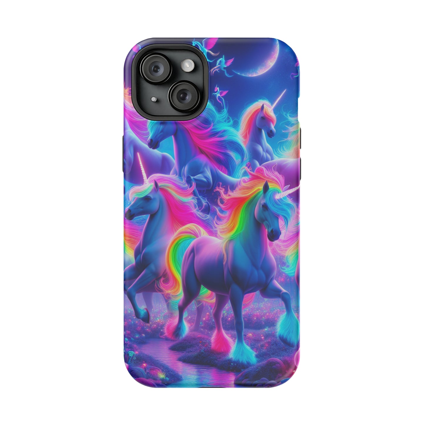 "Unicorn Prism" Neon Unicorns Premium Art Magsafe Magnet Tough IPhone 13 14 15 Pro Plus Max and Mini in Matte and Glossy Phone cases