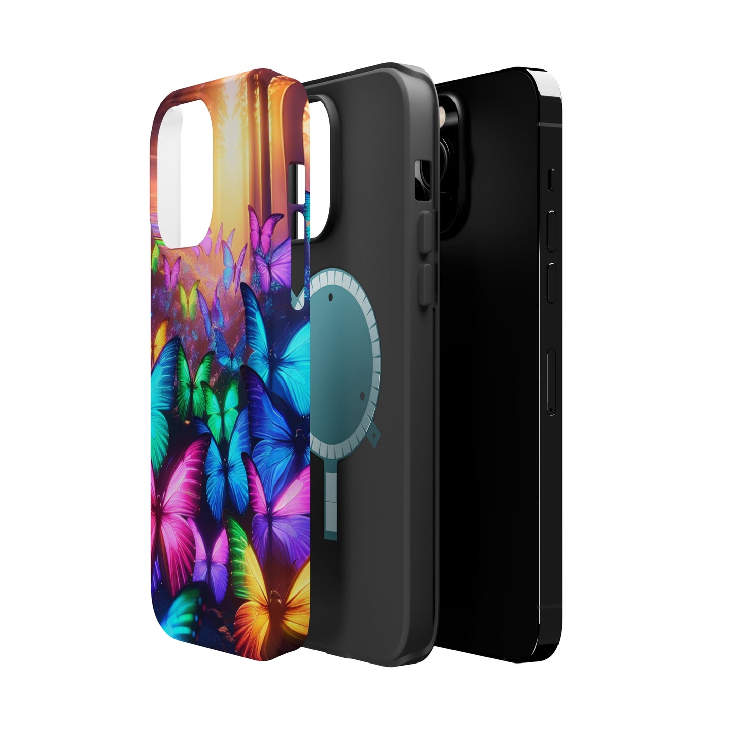 "Radiant Glowing Flight" Neon Butterflies Premium Art Magsafe Magnet Tough IPhone 13 14 15 Pro Plus Max and Mini in Matte and Glossy Phone cases