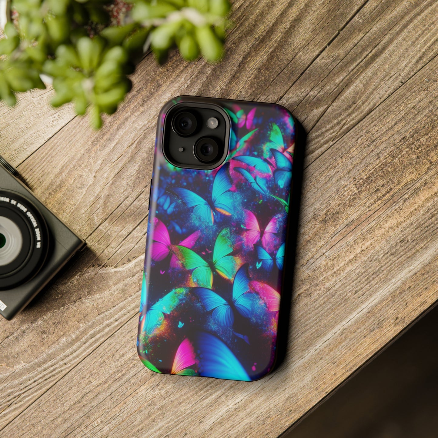 "Neon Flutterglow" Neon Butterflies Premium Art Magsafe Magnet Tough IPhone 13 14 15 Pro Plus Max and Mini in Matte and Glossy Phone cases