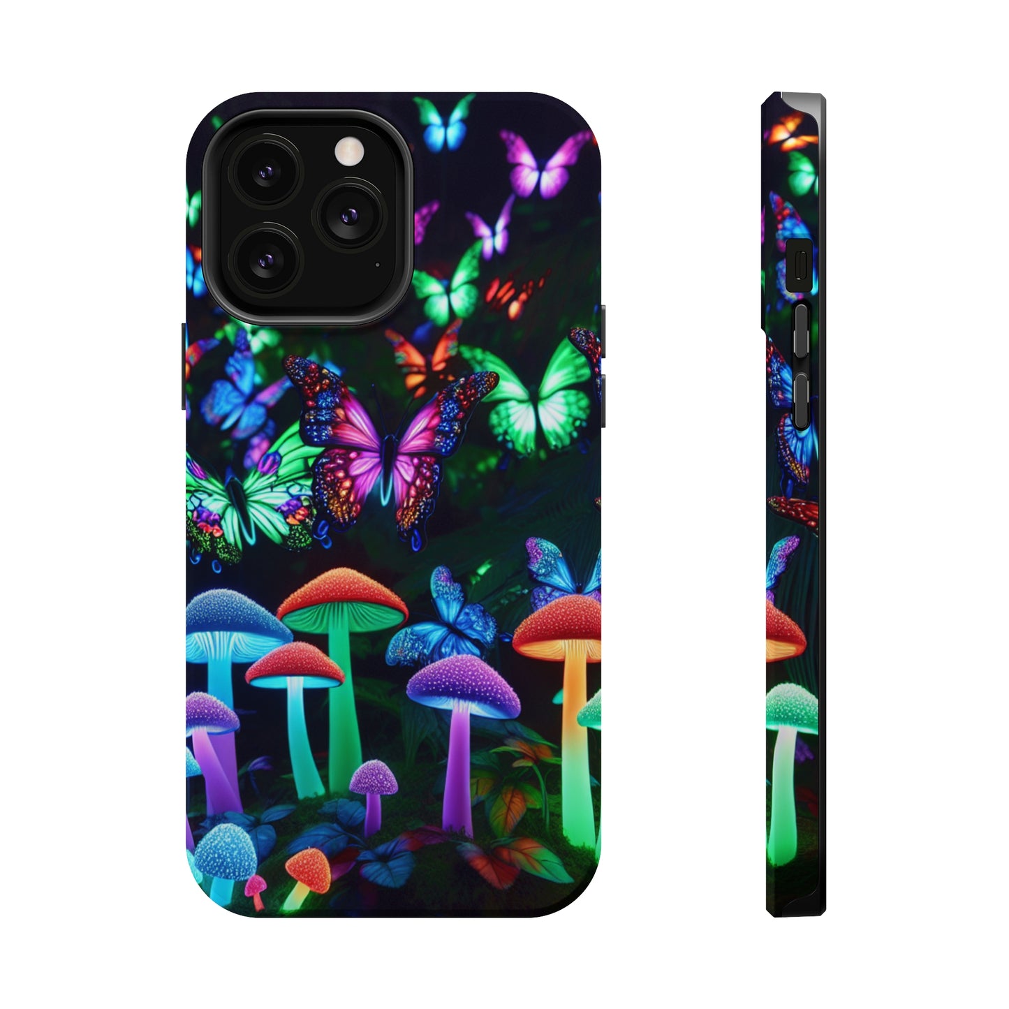 "Neon Burst Wonderland". Neon Butterflies and Mushrooms Premium Art Magsafe Magnet Tough IPhone 13 14 15 Pro Plus Max and Mini in Matte and Glossy Phone cases