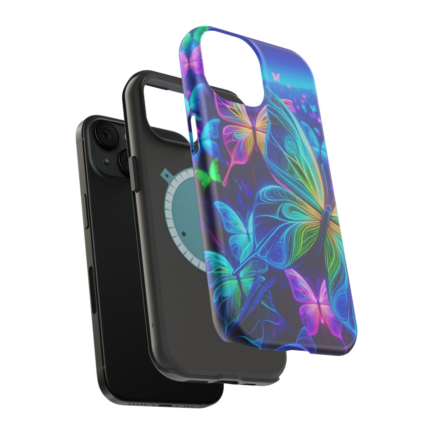 'Serene Spectacle of Neon Butterflies' Neon Butterflies Premium Art Magsafe Magnet Tough IPhone 13 14 15 Pro Plus Max and Mini in Matte and Glossy Phone cases