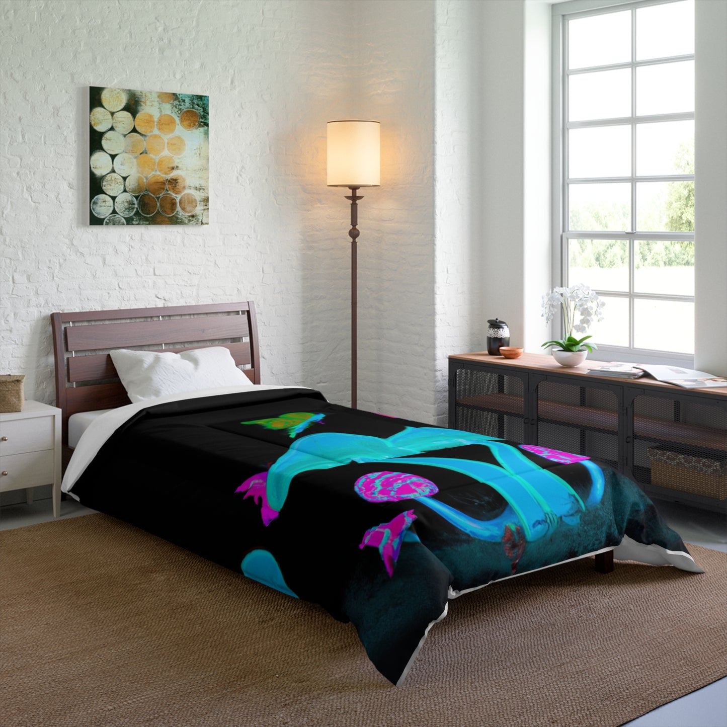 "Fantasia of Flourescence" Butterflies & Mushrooms Comforter Blanket